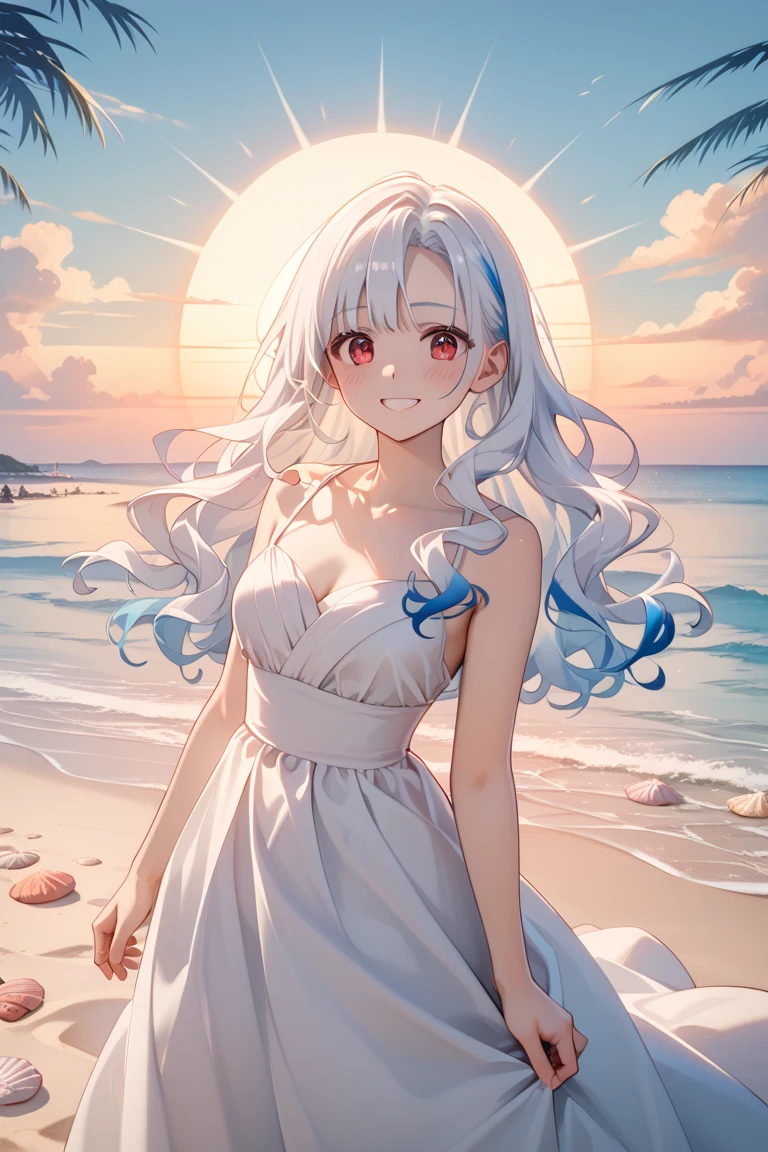 4k,8k,(masterpiece), (best quality), (super detailed), (disheveled hair), (illustration), (cat-eared girl), standing, fashion model, looking at the viewer, (interview), (beautiful beach background of sunset), finely beautiful eyes, delicate beautiful face, floating, (high saturation), (colorful splash), colorful bubble, (shine), focus on face, ponytail, variety bright hair color,kamisato ayaka,silver hair,bangs,hair ring,floating flowers,floating hair,(sparkling),best lighting,best shadow,swimsuit,bikini,small