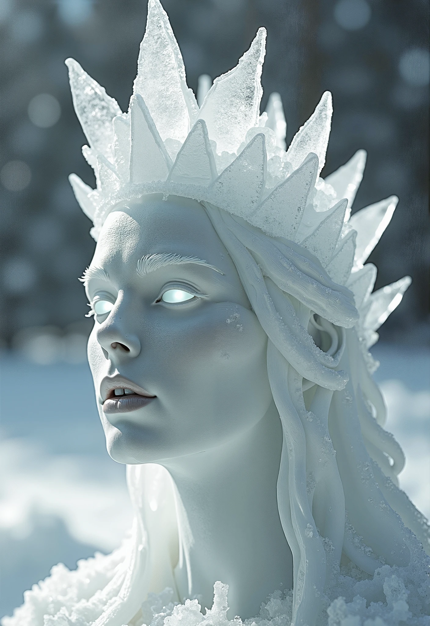 (best quality,4k,8k,highres,masterpiece:1.2),ultra-detailed,(realistic,photorealistic,photo-realistic:1.37),ice sculpture,medusa,full body,sensational,glistening ice,sharp definition,shimmering eyes,serpent hair,detailed facial features,snowflake-like pattern,dynamic pose,ethereal beauty,frozen wonder,Mediterranean enchantress,mythical creature,marble-like texture,elegant and graceful,subtle color variations,sublime artistry,surreal,snow queen,mythology-inspired masterpiece,mesmerizing,carved perfection,sub-zero magic,luminous glow,frozen gaze,icy tendrils,hauntingly beautiful,delicate touch of frost,unmatched craftsmanship,ice art,sublime details,dazzling spectacle,essential piece of frozen art,transfixing,perfectly captured motion