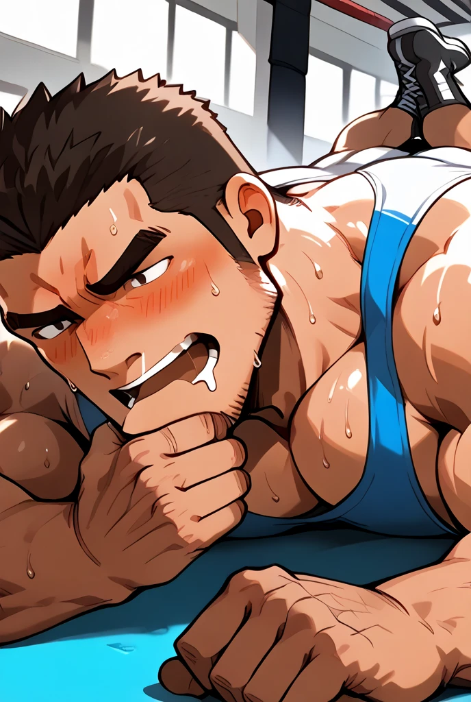 A young boy with devil-like wings is wearing a hero suit,Mouth wide open with expression of pain,Sweating and drooling profusely,Semen dripping from his huge erect penis,A strong, well-trained body like a bodybuilder,A large amount of ,Orgy,self-sucking,Masturbation,Hero Suit,Crying face,Devil Body,Biggest muscles、Across the muscle,Face facing up