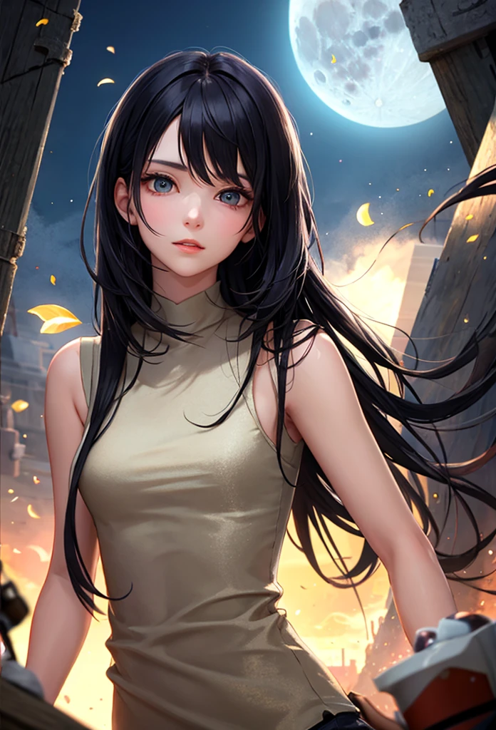 Sweaty beauty、Black Nightgown、Black Hair、High ponytail、Crying Mole、Lie on your back、Beautiful breasts、dusk、Low - Angle