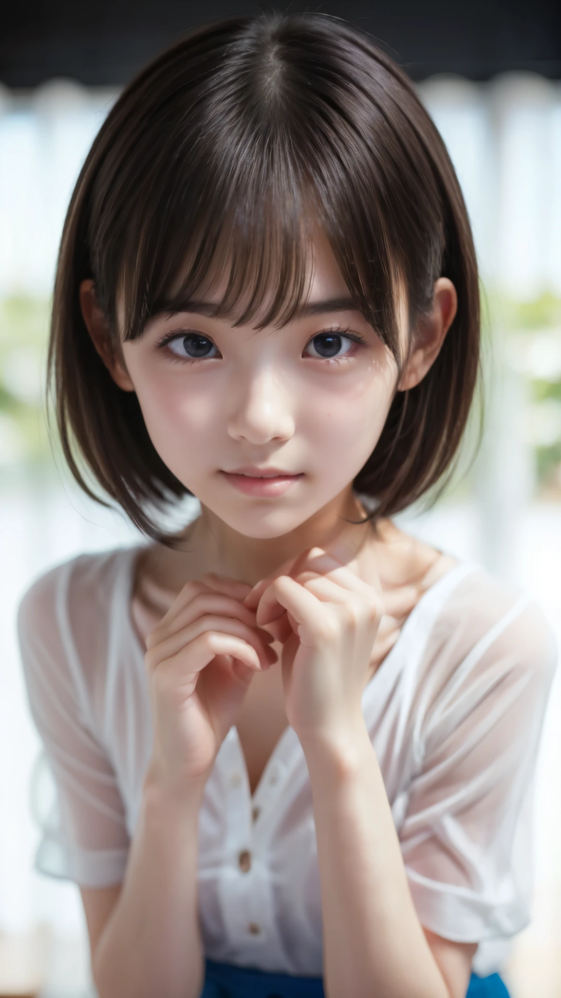 An anime girl with brown hair and a white shirt is posing for a photo, anime visual of cute girls, Cute Anime Face, blush, cute natural anime face , Short brown hair and big eyes, cute expression, sayori, extremely Cute Anime Girls face, Cute Anime Girls, 魅力的なアニメの女の子, perfect anime face, Makoto, Cute Anime Girls portrait, Chihiro ! fujisaki, Highest Quality, 8K, RAW photos , ((nice background)), (detailed hands:1.3, perfect right hand:1.3、fine fingertips down to the smallest detail)