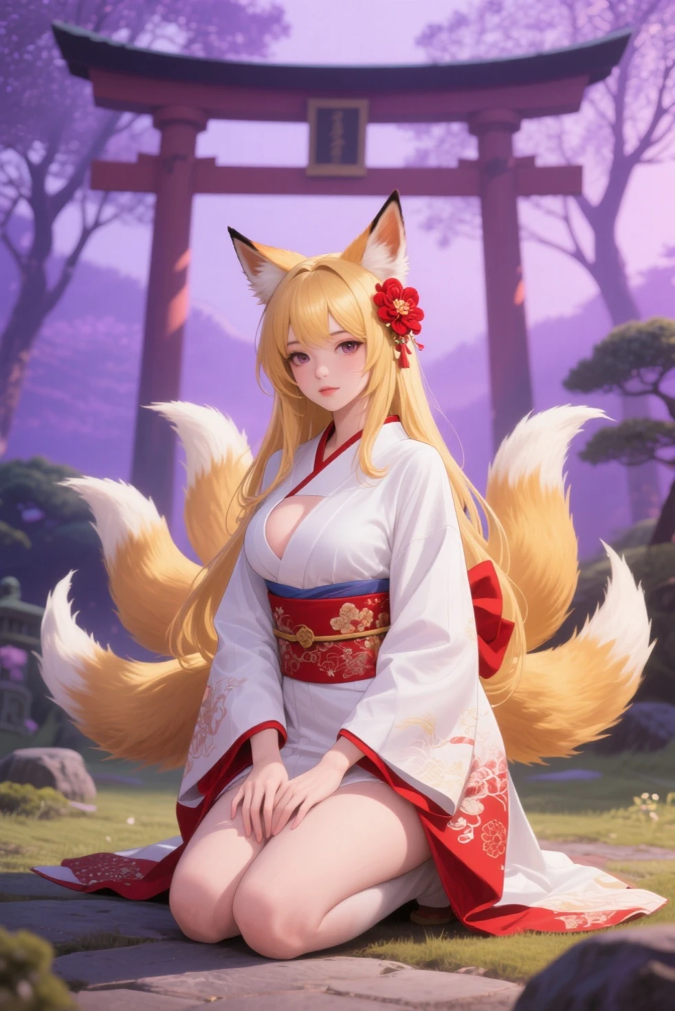 A sexy woman, white skin, black bodysuit dress, blonde hair, blonde fox ears, blonde fox tail,purple traditional Japanese clothing dress, neckline on breasts,(large breasts), green eyes