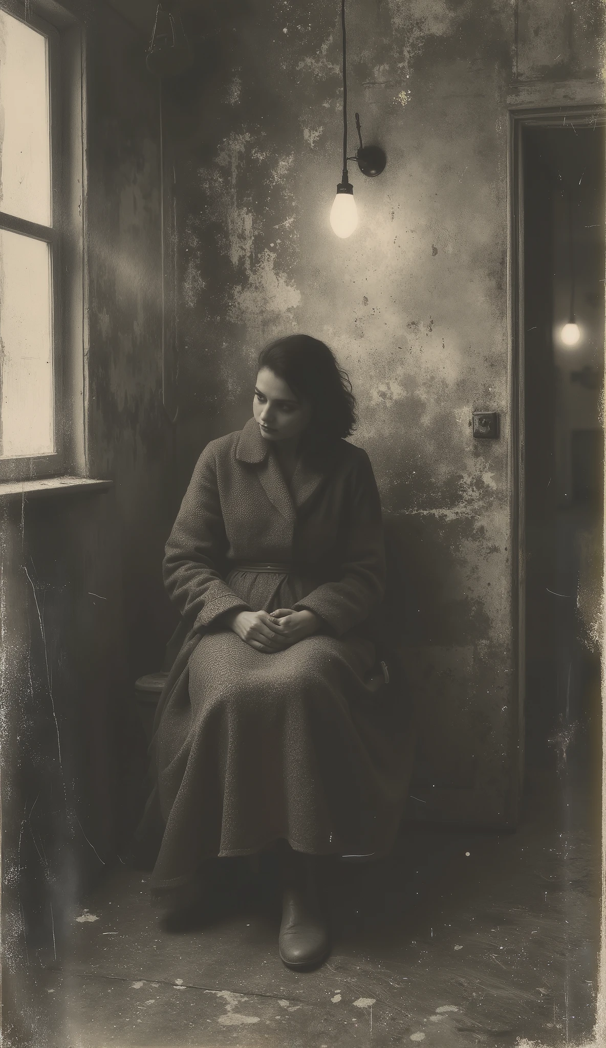 The woman awakens, stunned , between whispers and the distant sound of a train. tries to move , but his wrists are tied with a thick rope. The man is no longer. Only the hanging lamp sways softly. The dust dances in the air. Era: 1933. discolored old photo, sepia, warm tones, cinematographic composition, masterpiece, highest quality tattoo, super detailed theme, Ultra high resolution, 8K.