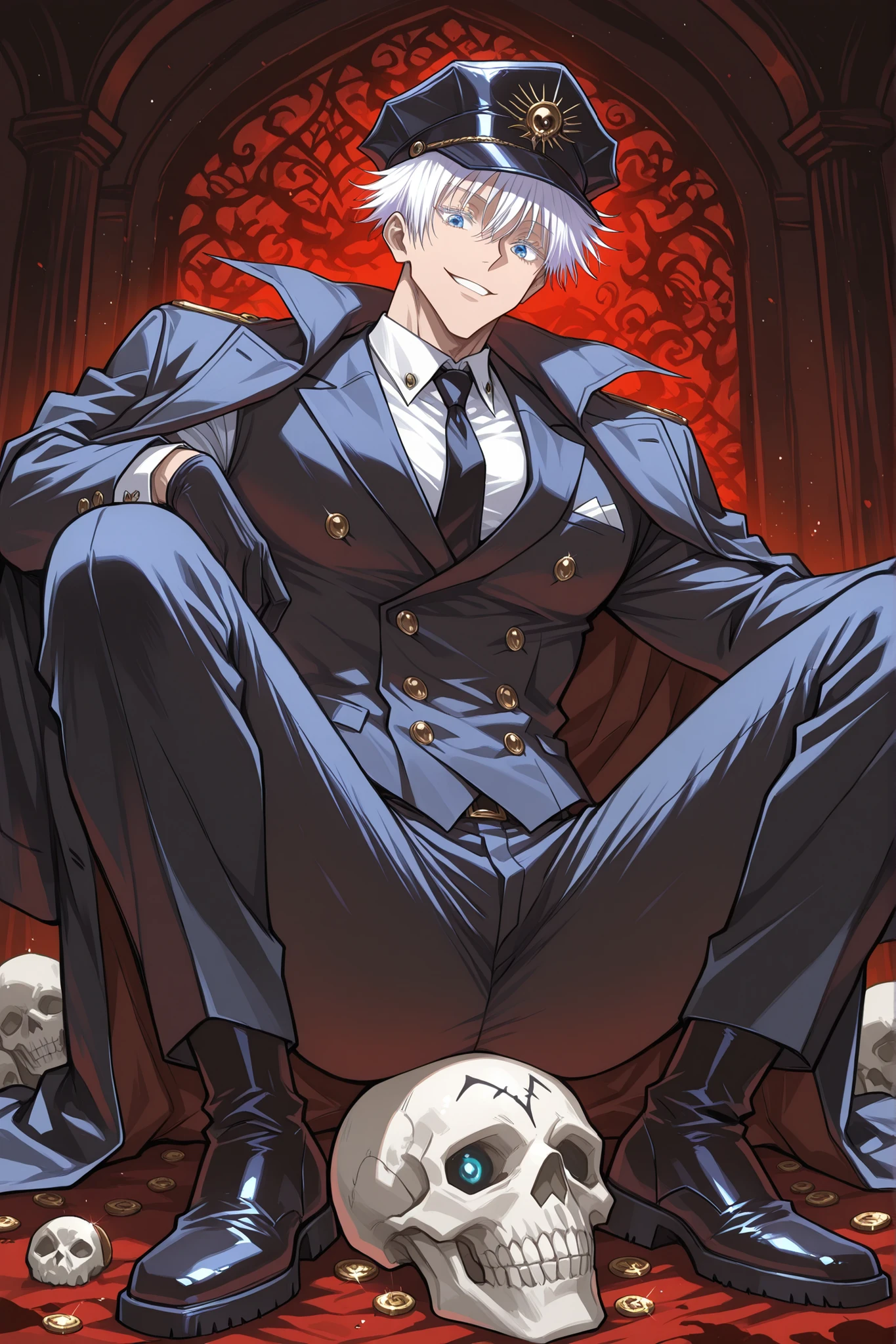 1boy, gojou satoru, jujutsu kaisen, blue eyes, colored eyelashes, white hair, short hair, sexy man, handsome face, strict black officer's cap with a dark red piping and welt, cockade on the cap is dark red in the form of a diamond pattern with an elongated upper corner on top of which three small diamonds are washed, inside the main diamond there is another diamond, only smaller. black officer's coat, white shirt, tied black tie, Black straight trousers are tucked into high officer's chrome boots, A dark officer's greatcoat with a double-breasted collar with dark red lines along the edges was thrown over the shoulders., Holding an long swort with red patterns, skulls lie at your feet, dark red theme
