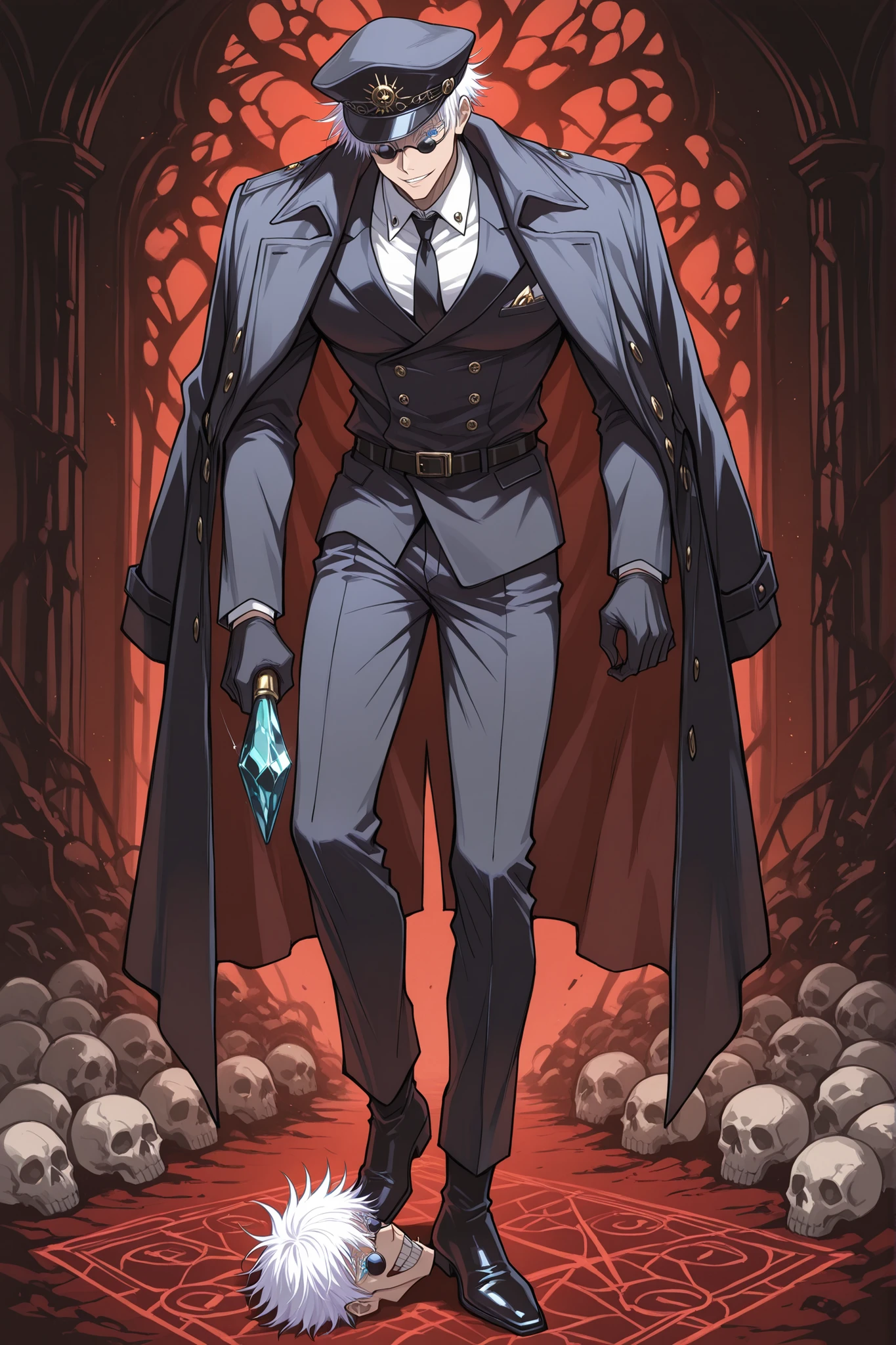 1boy, gojou satoru, jujutsu kaisen, blue eyes, colored eyelashes, white hair, short hair, sexy man, handsome face, strict black officer's cap with a dark red piping and welt, cockade on the cap is dark red in the form of a diamond pattern with an elongated upper corner on top of which three small diamonds are washed, inside the main diamond there is another diamond, only smaller. black officer's coat, white shirt, tied black tie, Black straight trousers are tucked into high officer's chrome boots, A dark officer's greatcoat with a double-breasted collar with dark red lines along the edges was thrown over the shoulders., Holding an long swort with red patterns, skulls lie at your feet, dark red theme