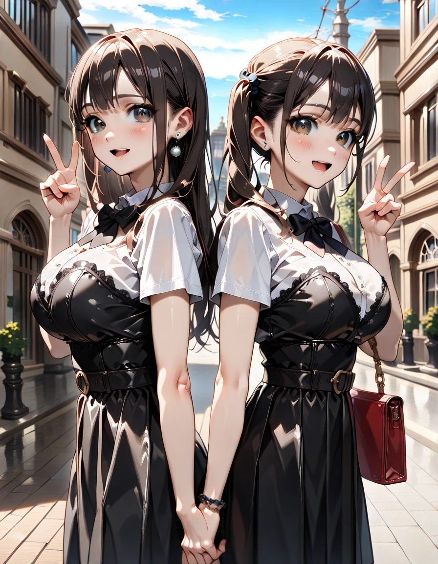 1lady standing, mature female, /(pencil dress/) /(black dress/) necklace, /(jacket on shoulder/), /(brown hair/) bangs, blush kind smile, (masterpiece best quality:1.2) delicate illustration ultra-detailed, large breast, arms down BREAK /(streets of Canada/), maple fallen leaves, detailed background, (two heads)