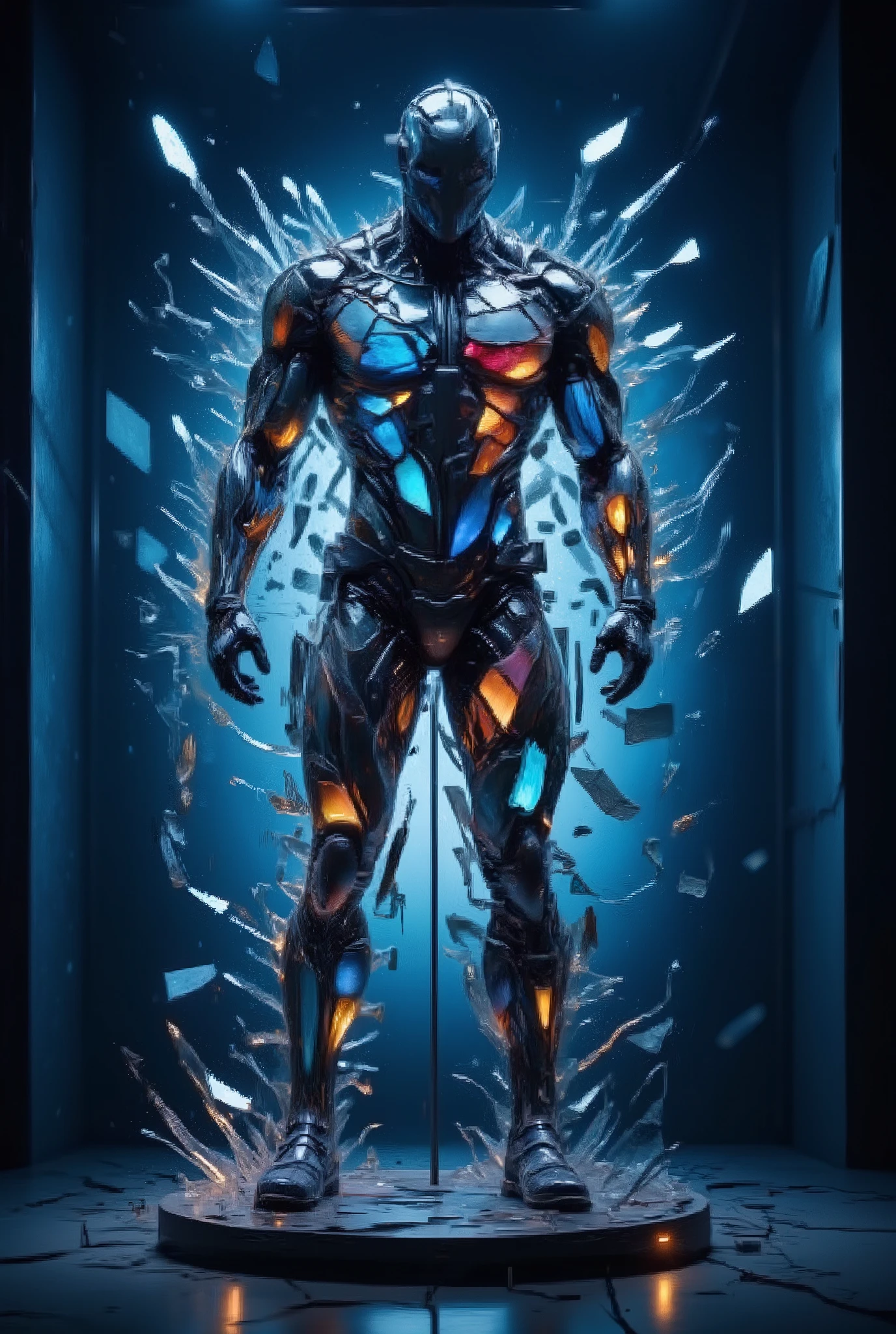 Realistic detailed shot, state-of-the-art completely transparent sports uniform, mounted on a diagonally inclined demonstration stand, made of completely transparent glass, beautifully decorated on a dark blue background, cyber-futuristic sports design, exciting design with many complex details of different colors, cables and electrical parts, the uniform is illuminated from the inside. from behind, Realistic demonstration, detailed networks, complex schemes, intertwined networks, photographically small details, bright colors, shooting from ground level, Dutch camera angle, 64k quality, raw style, stylization