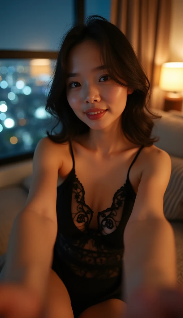 ((top-quality、8K分辨率、Master masterpiece、Portrait:1.3)), Photorealsitic, 35㎜ film,depth of fields, (From above),A MILF,Beautie, Wrinkles at the corners of the eyes,Glamour,Seductive smile、naughty expression、Heavy breathing,Full body shot, looking at the spectator、Naked,(shree bra_sexy panties),(Perfectly glazed_Super high-rise observation deck)、built, city nigth, Background of the cityscape spreading out below,Daytime