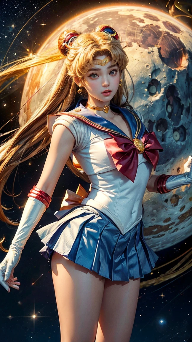 Sailor moon, (obra maestra), cabello rubio, ojos azules, ojos expresivos, mujer hermosa, cabello largo, sujetador rosa, escote, pechos redondos, tiara lunar, bragas blancas, nalgas redondas, botas azules