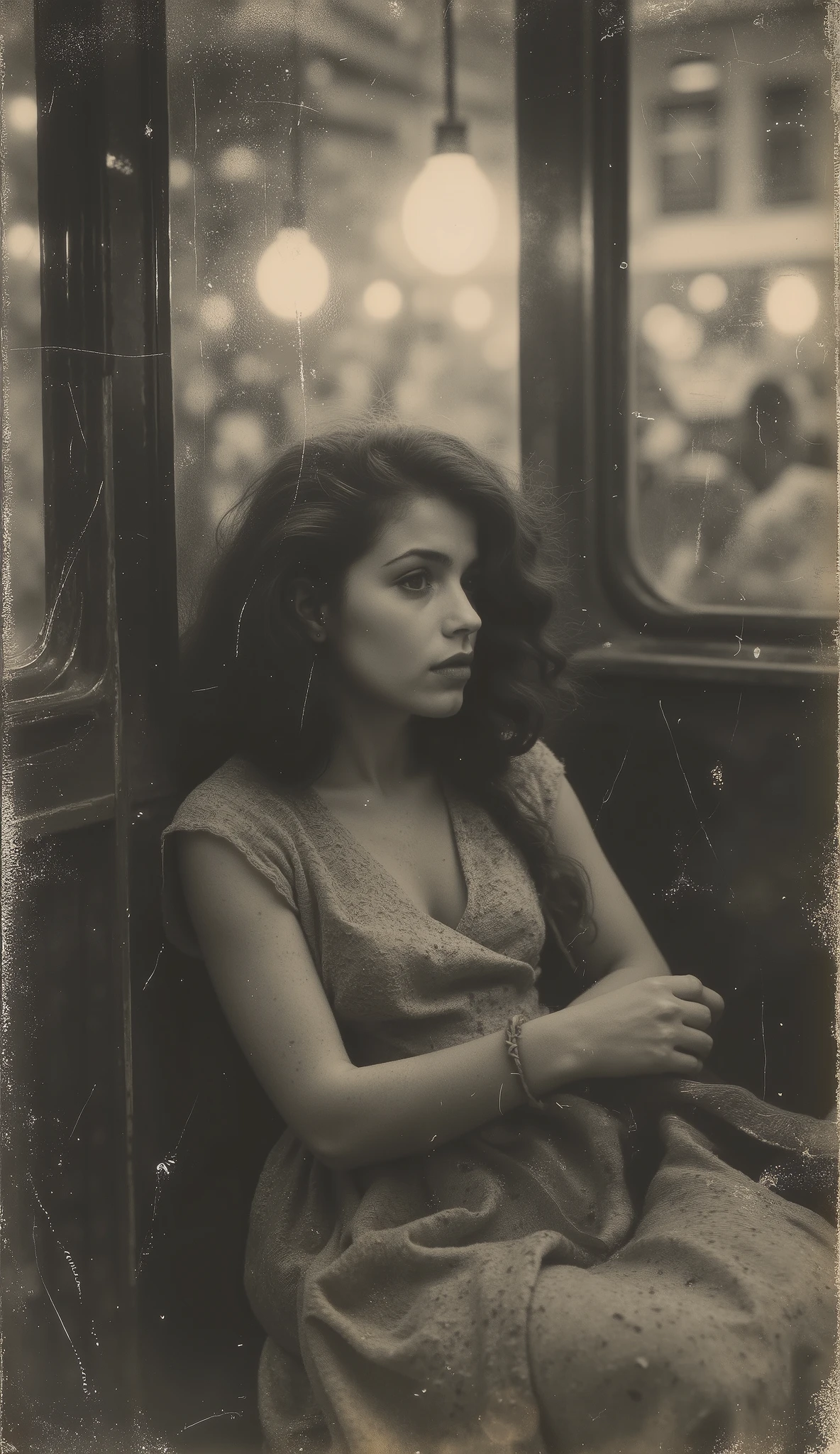 The woman awakens, stunned , between whispers and the distant sound of a train. tries to move , but his wrists are tied with a thick rope. The man is no longer. Only the hanging lamp sways softly. The dust dances in the air. Era: 1933. discolored old photo, sepia, warm tones, cinematographic composition, masterpiece, highest quality tattoo, super detailed theme, Ultra high resolution, 8K.
