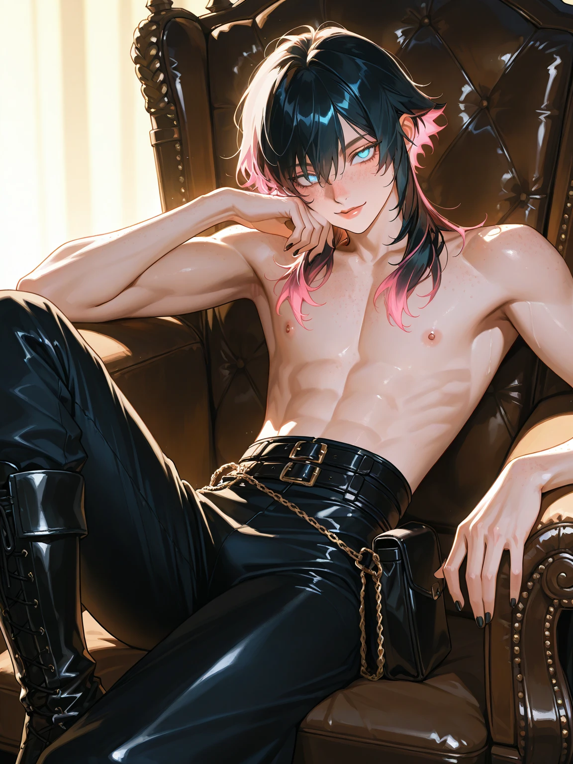 (((masterpiece,Highest quality))),(((A male anime character with a multi-colored, spiky hairstyle, sunglasses, and a somewhat revealing patent leather jacket and Visual Kei outfit.))),((Wearing a small hat at an angle)),(((Lying in bed))),(((Western-style living room))),Focus on the whole body,(high quality),アニメ,rainbow highlights hair,streaked hair
