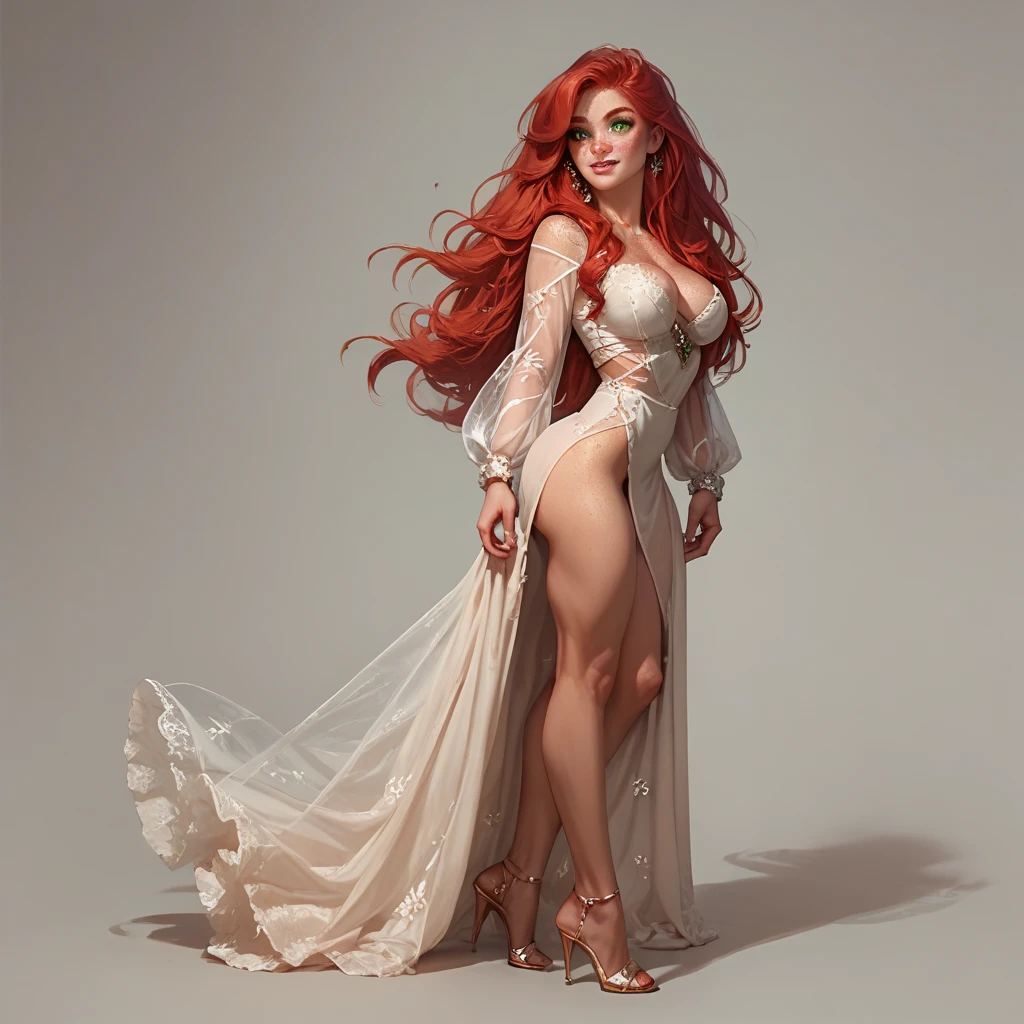 gems, <lora:Gem-Studded-V1:1>, cleavage, 1girl, supermodel, woman, breasts, auburn long hair, masterpiece, best quality, shoes, full body, white background, studio, looking away