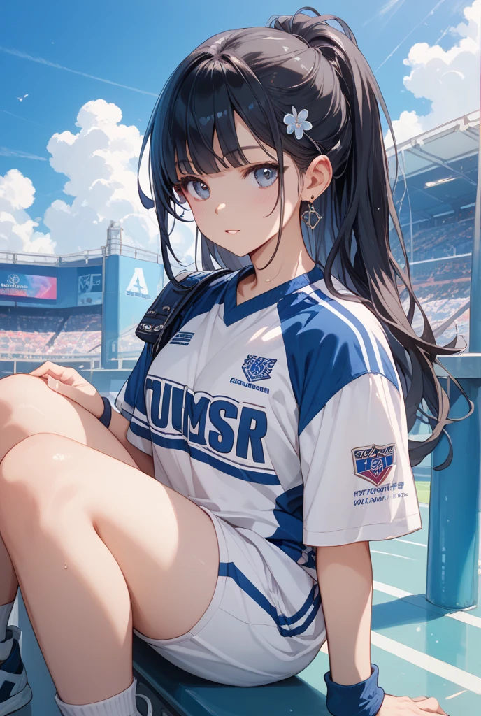 A female track and field athlete, 18 years old, drinking water from a water bottle, wearing a sports uniform, with black hair in a ponytail, red eyes, sweating, on a school sports field, bright sunlight, clear blue sky, summer, (best quality,4k,8k,highres,masterpiece:1.2),ultra-detailed,(realistic,photorealistic,photo-realistic:1.37),extremely detailed eyes and face,beautiful detailed eyes,beautiful detailed lips,longeyelashes,highly detailed athletic uniform,sweat glistening on skin,dynamic pose,sun flare,vibrant colors,cinematic lighting