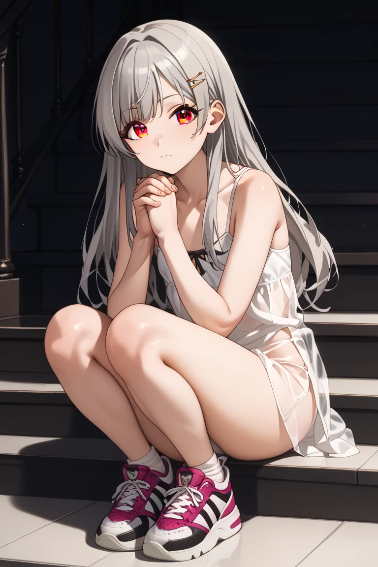 Alisa Mikhailovna Kujo,tomorrow, A friend of mine, Aya, Planning to visit Russia.、(Perfect Face, Detailed face, Beautiful Eyes,Perfect hands,Perfect Fingers)、Red face、((vapor))、hot、Maternal, feet, alone, 1 Girl, Silver Hair,Long Hair, Red ribbon hair ornament,Thin hair ornament、Big eyes, Masturbation,Blushed、Dirty Face、Expressionless、 (masterpiece:1.2, Highest quality), (細かくてBeautiful Eyes: 1.2), (Beautiful and dense face), (Sharp facial hair between the eyes)、Underwear is visible、12 years old, grinding, Transparent panties、Large Breasts、Neon lighting、look up