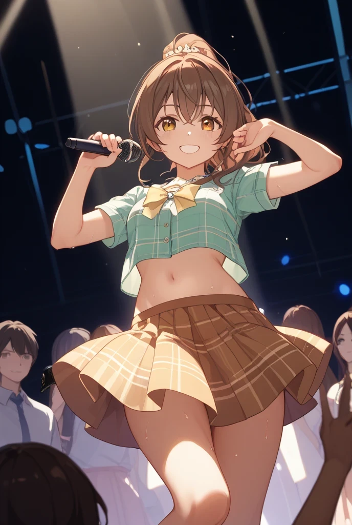 Very beautiful girl, Hold the microphone and sing enthusiastically, Light Hair, Layered short bob hair, high school girl, High school girls uniform, Checkered pleated skirt, Karaoke room, The mirror ball shines