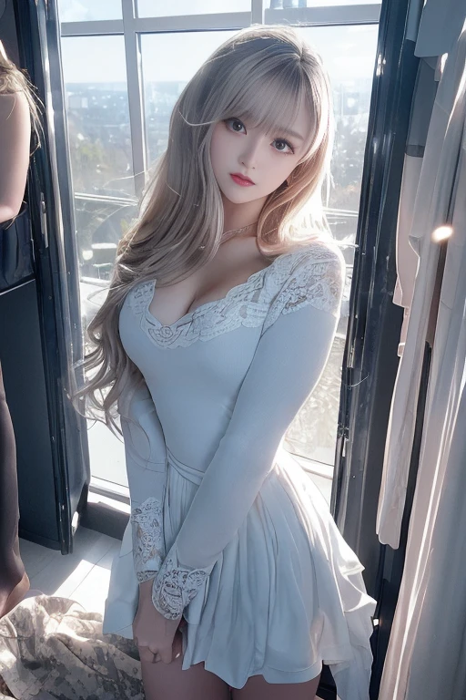 white dress, cleavage, large breasts, Best quality,Ultra-detailed,Realistic,A high resolution,Portrait,Beautiful woman, Palatial bed,ornate bed,Flawless makeup,suns rays,Beauty,elicate and refined,Stunning,