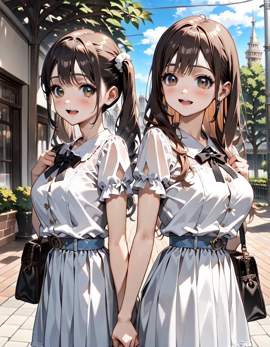 2girls, cowboy shot, double v, happy, smile,