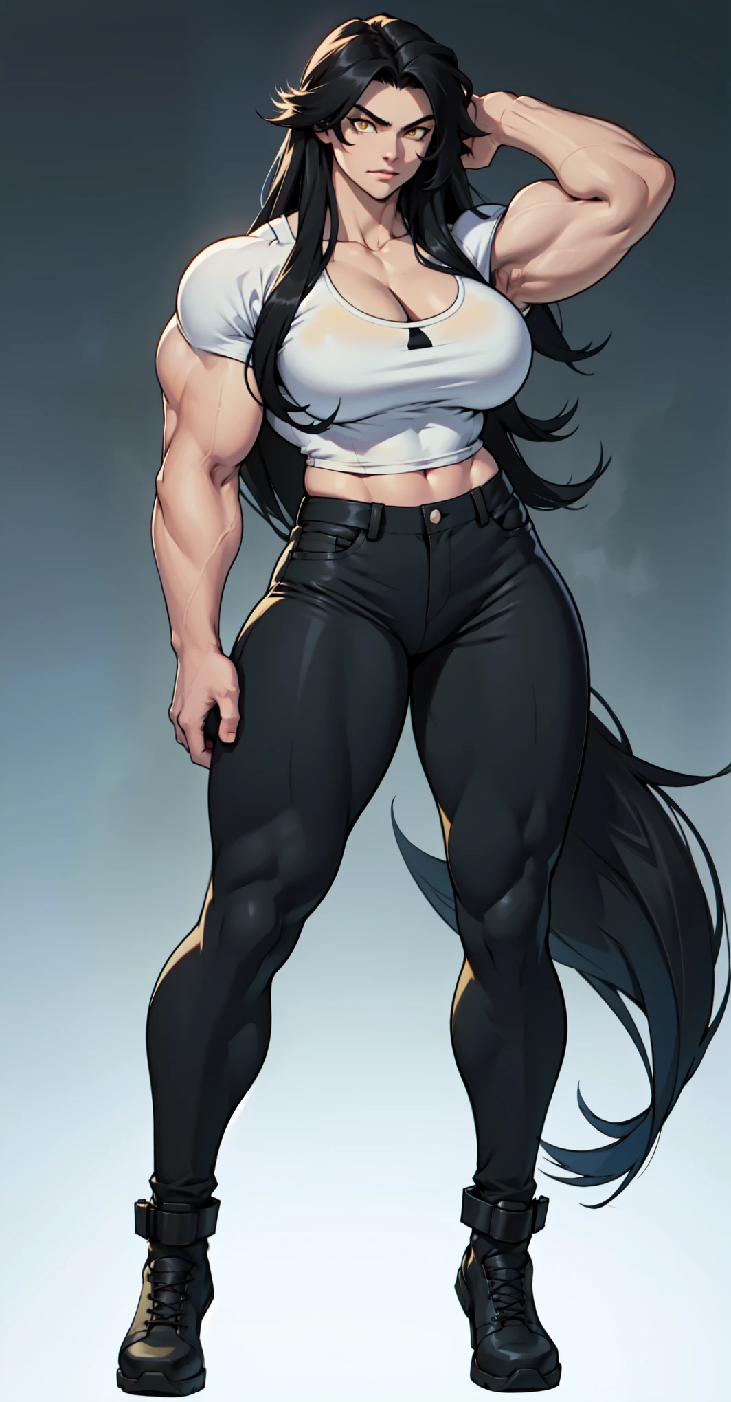 solo, ((((1 girl)))), very long hair, black hair, angry, yellow eyes, (((((muscular))))), (huge tits), (thick thighs), (wide hips), (full body), pale skin, (tight shirt), (tight pants), standing, slick hair