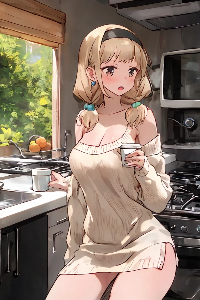 masterpiece, yor, 1girl, Amazing Cleavage:1.3, thin waist, big ass, Raised sexy, medium breast: 1.8 posed cleavage:1.2、solo, looking at viewer, open mouth, have a cup of coffee,black hair, red eyes, dress, bare shoulders, jewelry, collarbone, sidelocks, hairband, earrings, indoors, off shoulder, :o, sweater, arms behind back, plant, short hair with long locks, white hairband, off-shoulder dress, sweater dress, off-shoulder sweater, red sweater, big side hair, very long side hair,is rendered in (masterpiece: 1.2, best quality), with (ultra high resolution) and an exquisite (depth of field). This masterpiece is not only visually stunning but also tells, make of cake cooking ,in the kitchen