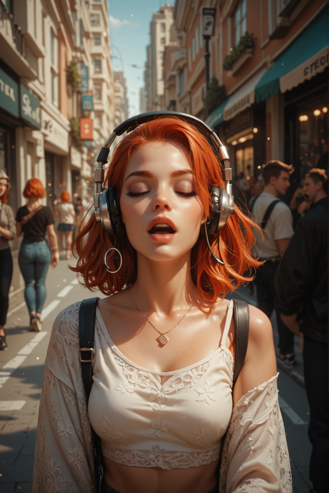 1girl, redhead, City Street, walks among the crowd, singing with headphones, closed eyes, casual wear