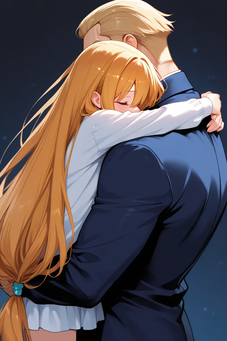 Mayoi hugging cute girl with long caramel hair and brown eyes