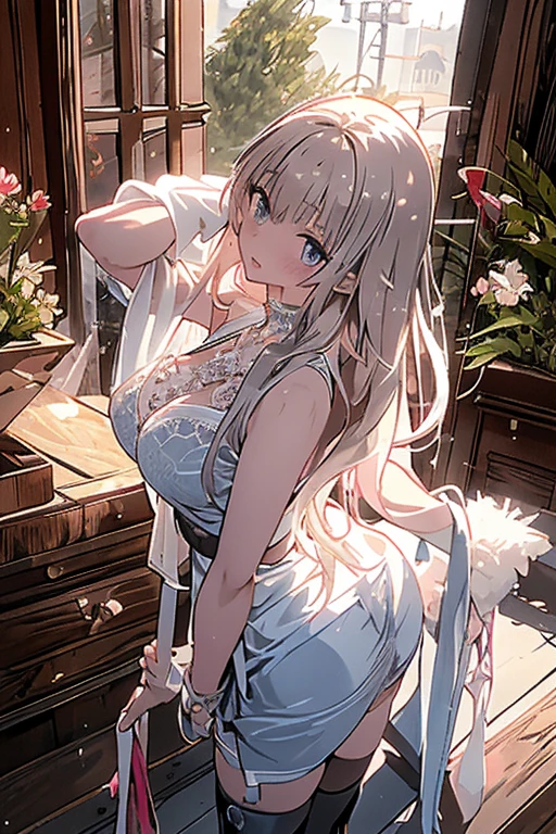 masterpiece, best quality, 1girl, looking at viewer, hair between eyes, aqua eyes, white hair, long hair, hair ribbon, lingerie, garter straps, garter belt, cleavage, bra, underwear, cowboy shot, embarrassed, blush, white kimono, kimono,