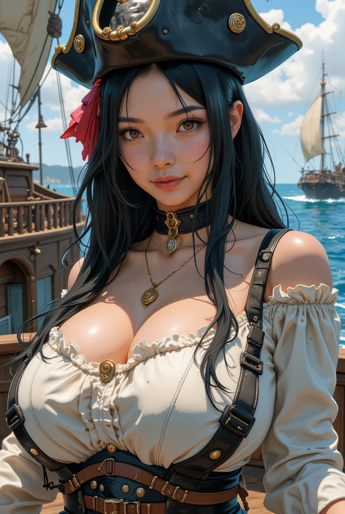 (masterpiece, 最high quality:1.4), (pirate ship), (From the back:1), (One girl), (alone), (head to waist photo) (European youth:1), Blue Hair (Fashion Hair:1.3), Nefertari Vivi from One Piece, hyperRealistic, Skin with attention to detail, Digital SLR, Soft lighting, high quality, Highly detailed face, Highly detailed eyes, Highly detailed skin, Skin pores, Scattered beneath the surface, Apply blush all over the face, Highly detailed face, Highly detailed eyes, Beautiful Face, Fuller lips, Detailed Background, Depth of written boundary, Volumetric lighting, Sharp focus, Realistic proportions, Excellent anatomy, (Realistic, hyperRealistic:1.4), 16k hdr, Dawn
