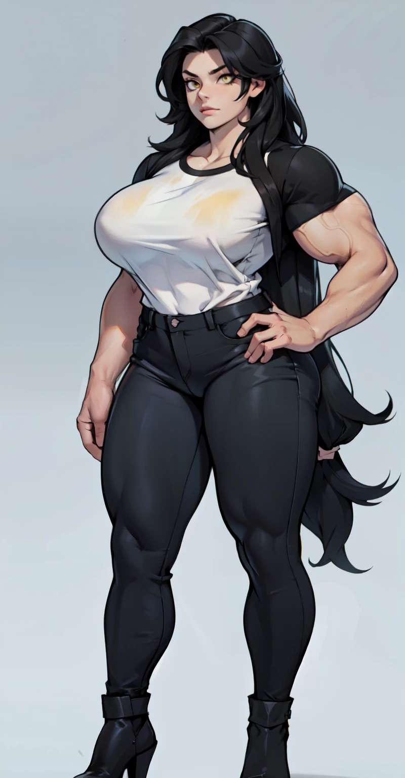 pale skin 1girl muscular toned body huge breasts thick thighs black hair yellow eyes bodybuilder tight shirt and pants full body very long hair grey background muscular muscular muscular muscular breasts breasts dark atmosphere staning