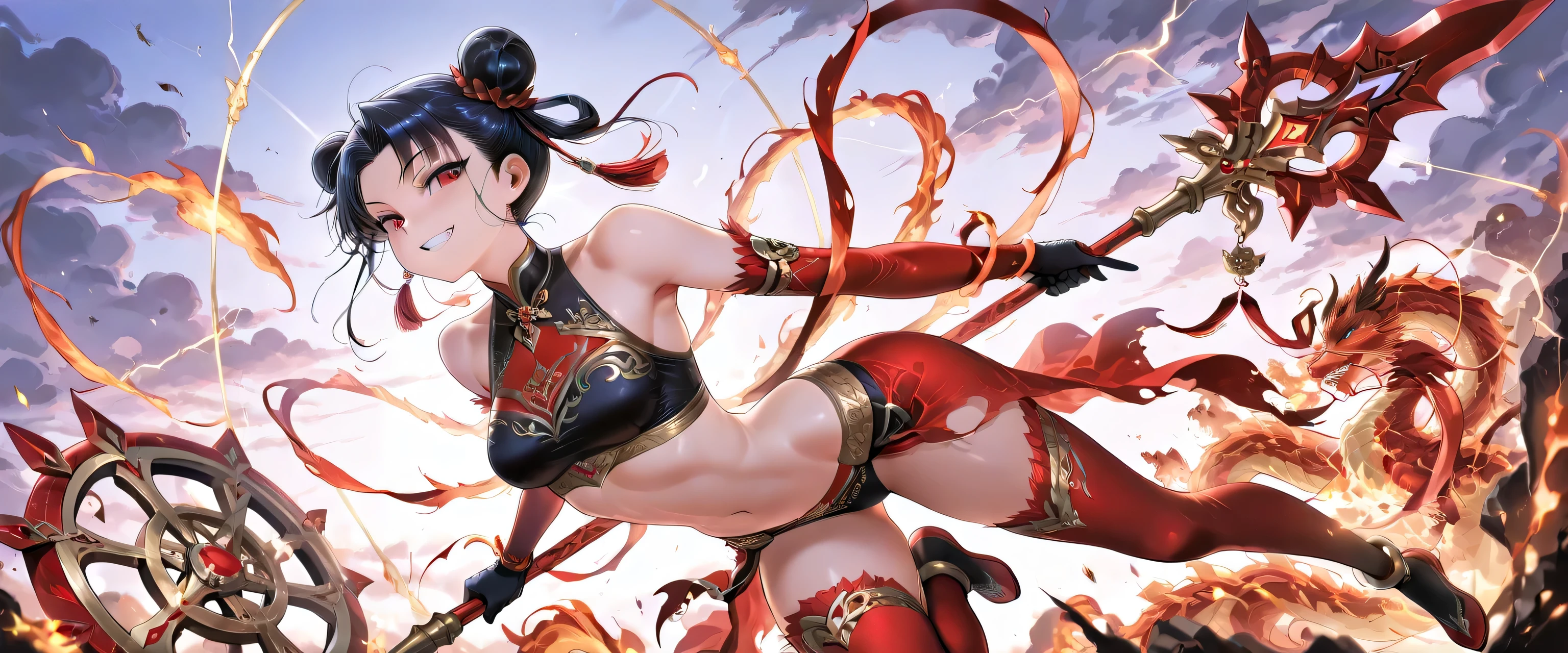 (masterpiece, best quality, ultra detailed, chinese mythology fantasy style, 4k), a fierce and enchanting female version of Nezha (Na Tra), riding atop her blazing flame wheels (Phong Hỏa Luân) high in the sky. Her pose is dynamic and commanding — one leg bent forward on the spinning wheel, the other trailing gracefully behind as she balances mid-air, flames swirling beneath her feet. She has glowing red eyes, wild black hair tied into twin buns with golden dragon ornaments. Her face is youthful yet fierce, with a mischievous smile and fierce gaze that reflects both rebelliousness and divine power. She has six arms: - One hand holds a blazing fire spear (fire-tipped spear), - One hand holds the cosmic golden hoop (Càn Khôn Circle), - One hand holds the silk ribbon (Hỗn Thiên Lăng), - One hand holds a flaming wheel, - One hand holds a fire lotus charm, - One hand wields a small divine sword. She wears a red and gold battle outfit with armored elements and flowing silk sashes. Her midriff and shoulders are exposed, showcasing her athletic, toned body. In her four arms, she wields a flaming spear, a golden Càn Khôn Circle, a floating silk ribbon (Hỗn Thiên Lăng), and a fire lotus charm. Her red aura crackles with divine fire, and dragon-shaped flame patterns trail behind her as she rides. The sky around her is stormy and divine — clouds torn apart by her speed, with lightning and heavenly symbols glowing in the background. Her expression is playful yet indomitable — a fire goddess of youthful chaos and divine justice. Style: mythological epic, Chinese fantasy, red lac panties.