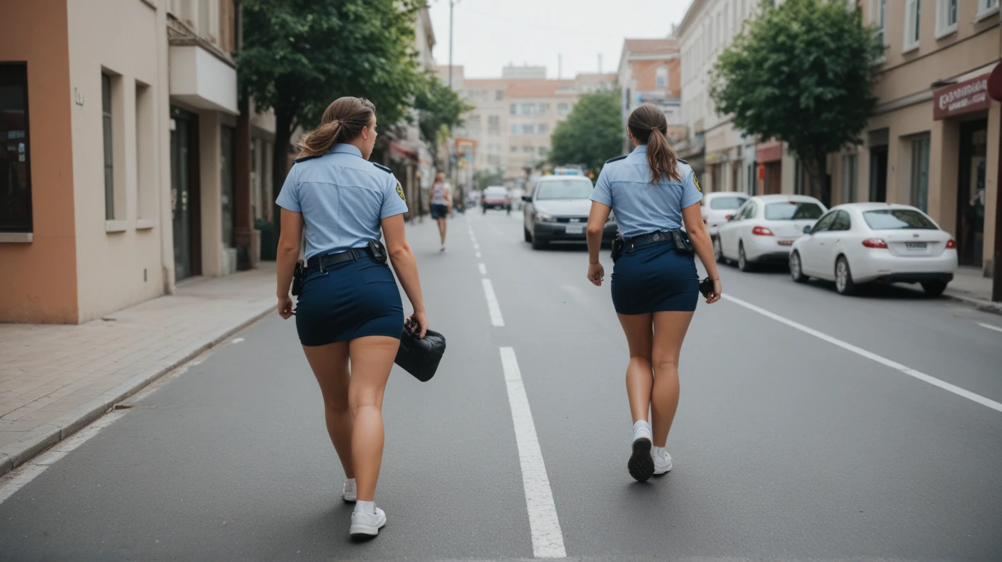 A girl is arrested by the police, wearing short shorts and a T-shirt, bending over a police car and being tied with handcuffs.
