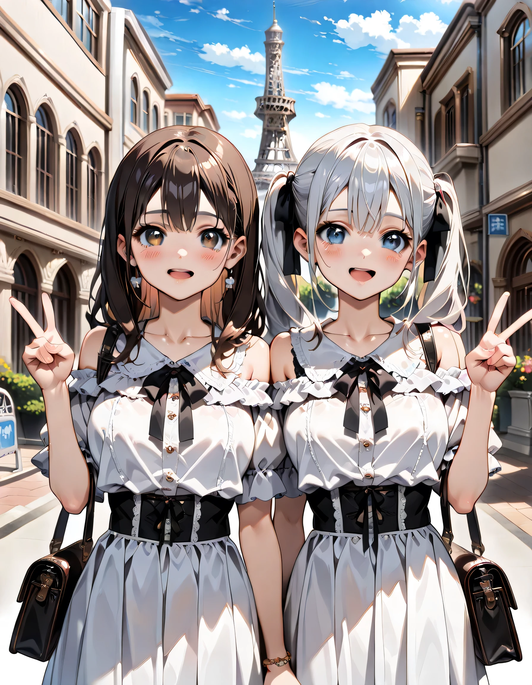 (score_9, score_8_up, score_7_up), source_anime, absurd_res, white, blue, black, (2girls), super fine illustration, an extremely delicate and beautiful, best quality, masterpiece, 8K, (upper body:1.3), Marika, Sena, back to back pose, silver hair, black hair, twin tails, black hair bow, black hair, long hair, swept bangs, half updo, aqua eyes, orange eyes, (wearing glasses:1.3), (round eyewear:1.3), round_glasses22A, (thick eyebrows), T-shirt with lightpurple, bustier with pink, mermaid skirt with lightbrown, shoulderbag, off-shoulder with bluepurple, culotte skirt with beige, shoulderbag, youth fashion, casual fashion, perfect feminine figure, anatomically perfect, beautiful detailed faces, huge breasts, radiant smiles, playful postures, matching outfits, peace signs, winking, cheerful expressions, Walking the streets of Paris, Paris cityscape background, Walking holding hands, vibrant colors, cute aesthetic, friendship theme, dynamic composition, energetic atmosphere, detailed facial features, bright lighting, youth fashion, standing pose, complementary poses, joyful mood, style, bubbly atmosphere,((4k,8k,Ultra HD)),((Masterpiece :1.2)),((Best quality :1.2)),((Detailed :1.5)),((Detailed background :1.5)),sharp lines, vivid colors, high contrast