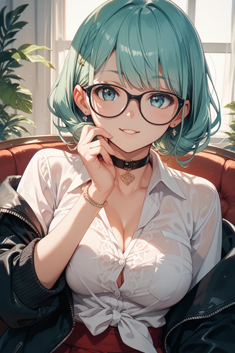 highly detailed, 8k, masterpiece, 1girl, 53 years old, milf, teal and green hair, messy hair, asymmetrical hair, ahoge, very short hair, aqua eyes, medium breasts, pale skin, glasses, dress, bend_over , smirk, (perfect_face), sitting, desk, ornate, intricate, dramatic lighting, 4k, detailed_background, caustics, full_body, (hyperrealistic:1.3), bloom,(beautiful lighting:1.3), caustics, dynamic lighting, beautiful lighting,