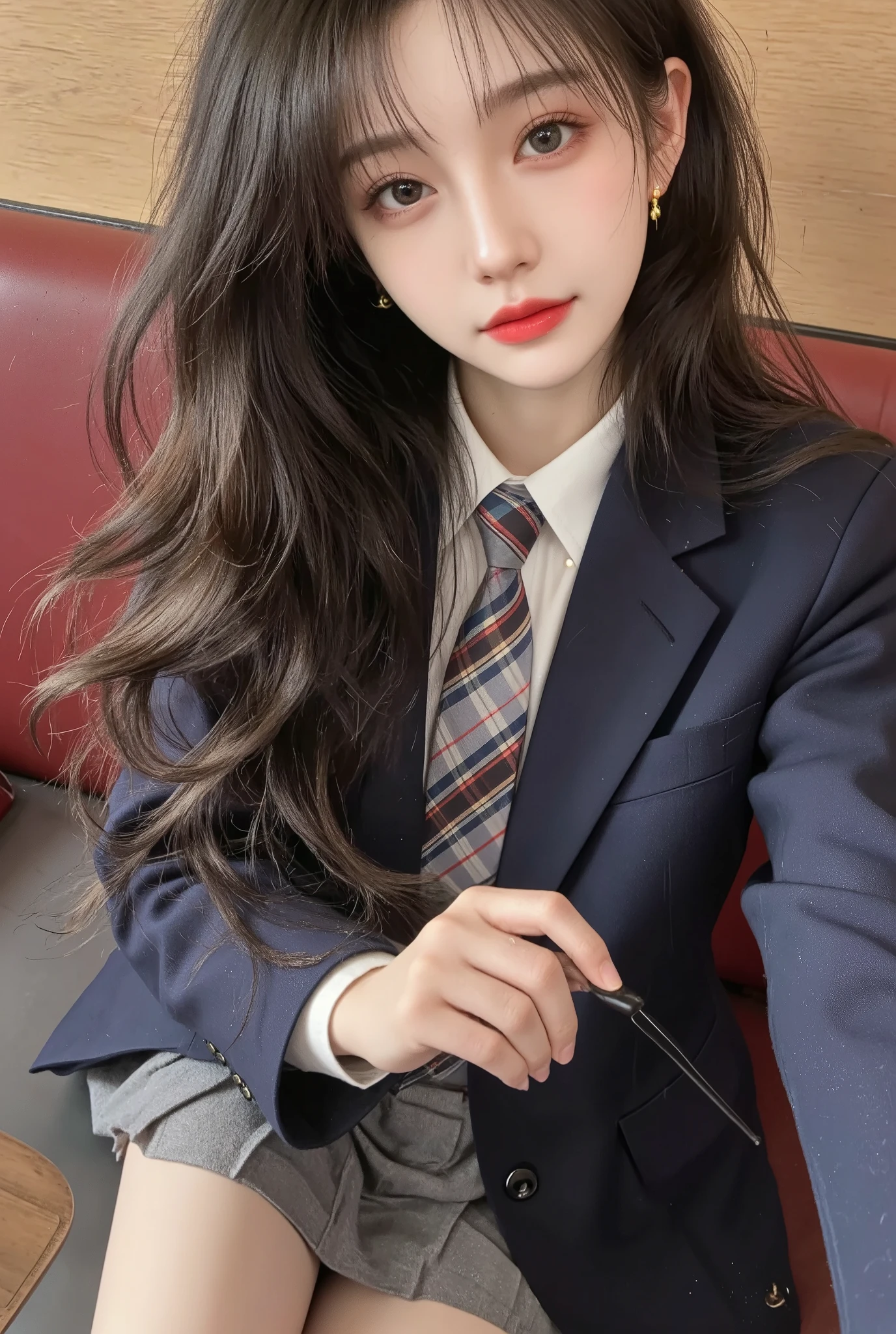 (8K), (highest quality: 1.2), (realistic), (realistic: 1.37), ultra high resolution, 1 girl, cute, smile, closed mouth, beautiful details, beautiful nose, black eyes,beautiful black hair,,giant dulcefo, pork, thighs,self snap,University Student Uniform,Sitting on a couch in a fast food restaurant,simple blazer,gray pleated skirt,(The tie has a tartan check pattern...:1.3), (close up on face),(光沢のあるthighs),(From above),(Opaque blue knee-high socks:1.2)