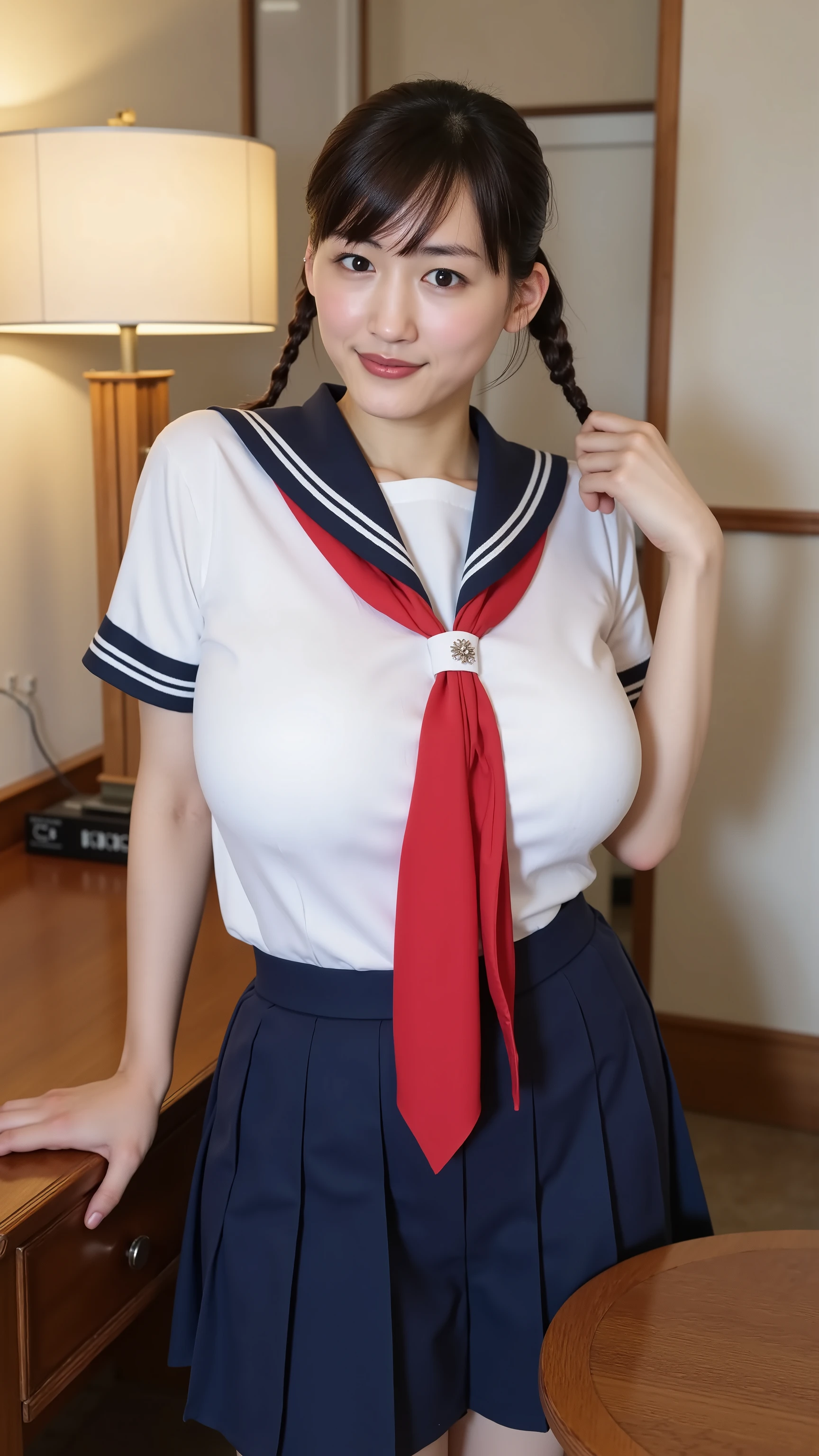 wearing a traditional Japanese uniform 、 The body is covered with a sailor suit with a white collar and dark blue lines 、 wearing a dark blue pleated skirt、 red scarf with black nose、((((( girls on the left:2.86))))),( masterpiece, top quality:1.9),8k, RAW photo ,nsfw, detailed skin,詳細な毛穴,baby face,(((Youngface):1.7)),(( young body):1.6), reality, hotel room 、( lean forward :1.67)、(huge breasts:1.2), full body、Black hair tied at the back of the neck、 if you stare shyly at the bangs、 hides my forehead 、braids
