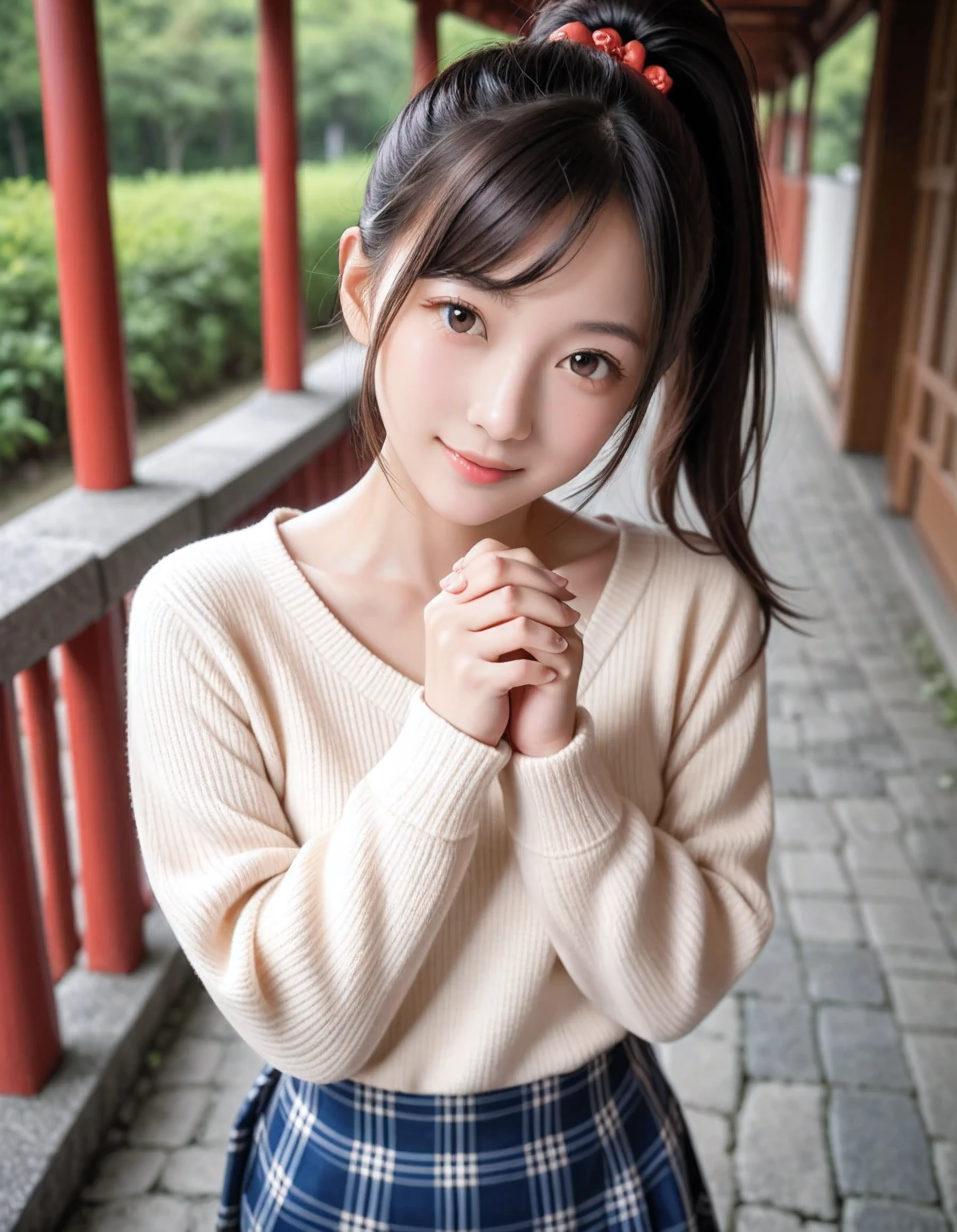 score_9, score_8_up, score_7_up, super detailed, 32K, Masterpiece, top quality, super high definition ,nsfw, official art, photorealistic, solo, 1 classy Japanese girl, ((ponytail)), black hair, smaller face, natural makeup, cute face, small breasts, curvy body, perfect_proportioned body, Detailed high quality, Realistic depiction of face, fair skin, ((hip length cowl neck sweater with untucked)), plaid mini skirt, tucked out tostanding, hands clasped, shrine with stone path, imminent kiss, looking upward, from above, POV, portrait, gentle smile,