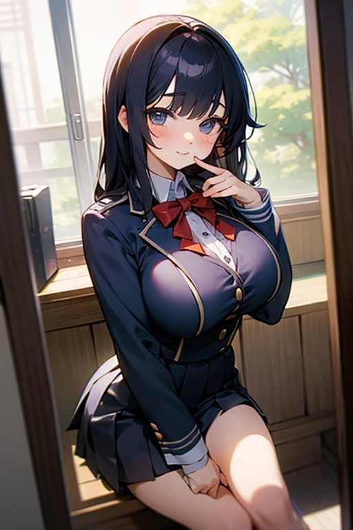 very cute and beautiful girl,(Very detailed美しい顔), (smile),blush,Black Hair,Blazer Uniform,ribbon,(Pleated check mini skirt),Are standing,(From below),(Lacy white panties), Wooden classroom,window,Distant Tree々and the city, (Highest quality,masterpiece:1.0),Absurd,High resolution,Very detailed,Very detailed,32K,8k resolution, Intricate details,Movie Scenes,Detailed Background,alone,Dynamic Angle,Long Hair、Large Breasts