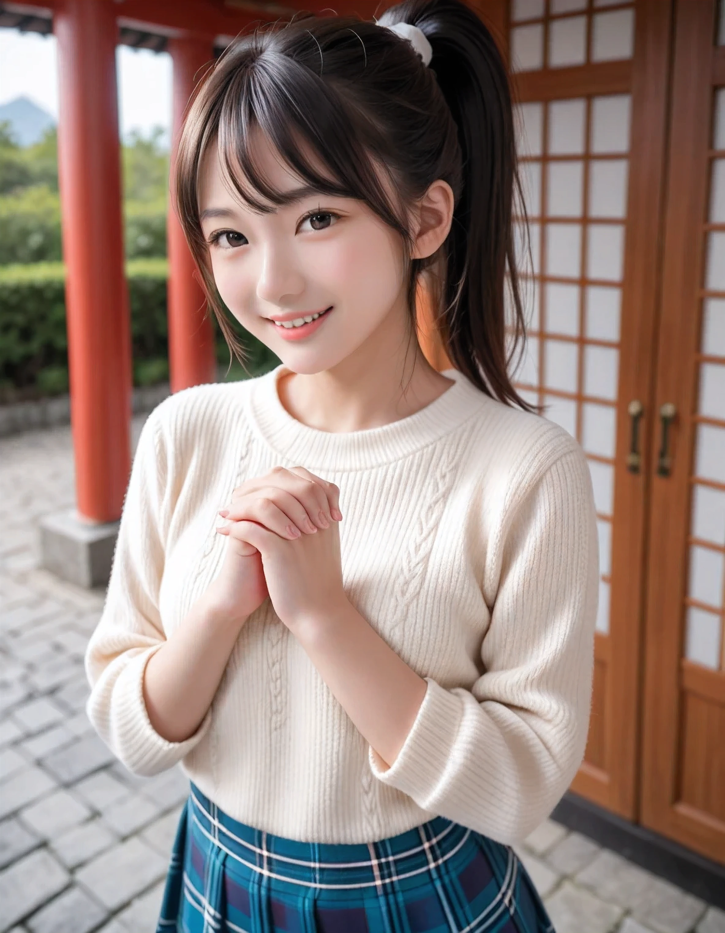 score_9, score_8_up, score_7_up, super detailed, 32K, Masterpiece, top quality, super high definition ,nsfw, official art, photorealistic, solo, 1 classy Japanese girl, ((ponytail)), black hair, smaller face, natural makeup, cute face, small breasts, curvy body, perfect_proportioned body, Detailed high quality, Realistic depiction of face, fair skin, ((hip length cowl neck sweater with untucked)), plaid mini skirt, tucked out tostanding, hands clasped, shrine with stone path, imminent kiss, looking upward, from above, POV, portrait, gentle smile,