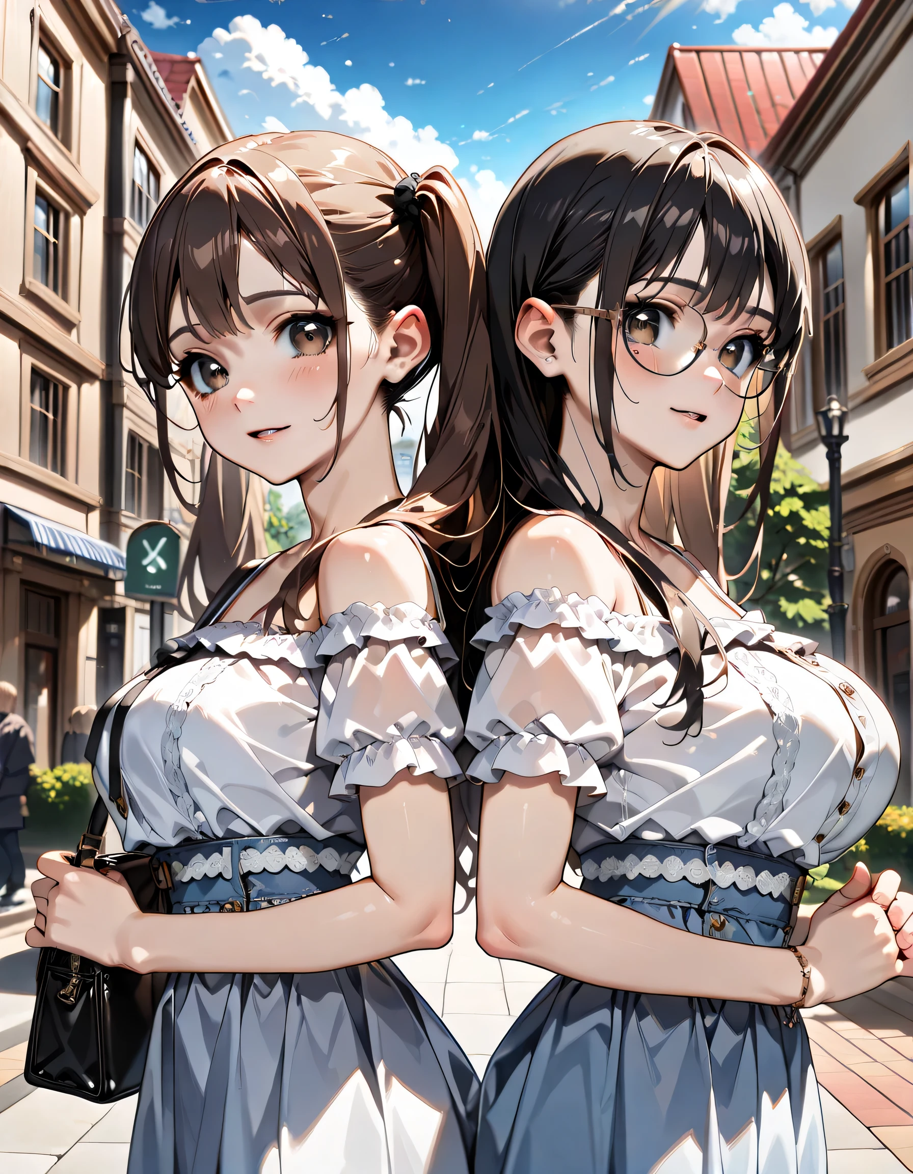(score_9, score_8_up, score_7_up), source_anime, absurd_res, white, blue, black, (2girls), super fine illustration, an extremely delicate and beautiful, best quality, masterpiece, 8K, (upper body:1.3), Marika, Sena, back to back pose, silver hair, black hair, twin tails, black hair bow, black hair, long hair, swept bangs, half updo, aqua eyes, orange eyes, (wearing glasses:1.3), (round eyewear:1.3), round_glasses22A, (thick eyebrows), T-shirt with lightpurple, bustier with pink, mermaid skirt with lightbrown, shoulderbag, off-shoulder with bluepurple, culotte skirt with beige, shoulderbag, youth fashion, casual fashion, perfect feminine figure, anatomically perfect, beautiful detailed faces, huge breasts, radiant smiles, playful postures, matching outfits, peace signs, winking, cheerful expressions, Walking the streets of Paris, Paris cityscape background, Walking holding hands, vibrant colors, cute aesthetic, friendship theme, dynamic composition, energetic atmosphere, detailed facial features, bright lighting, youth fashion, standing pose, complementary poses, joyful mood, style, bubbly atmosphere,((4k,8k,Ultra HD)),((Masterpiece :1.2)),((Best quality :1.2)),((Detailed :1.5)),((Detailed background :1.5)),sharp lines, vivid colors, high contrast