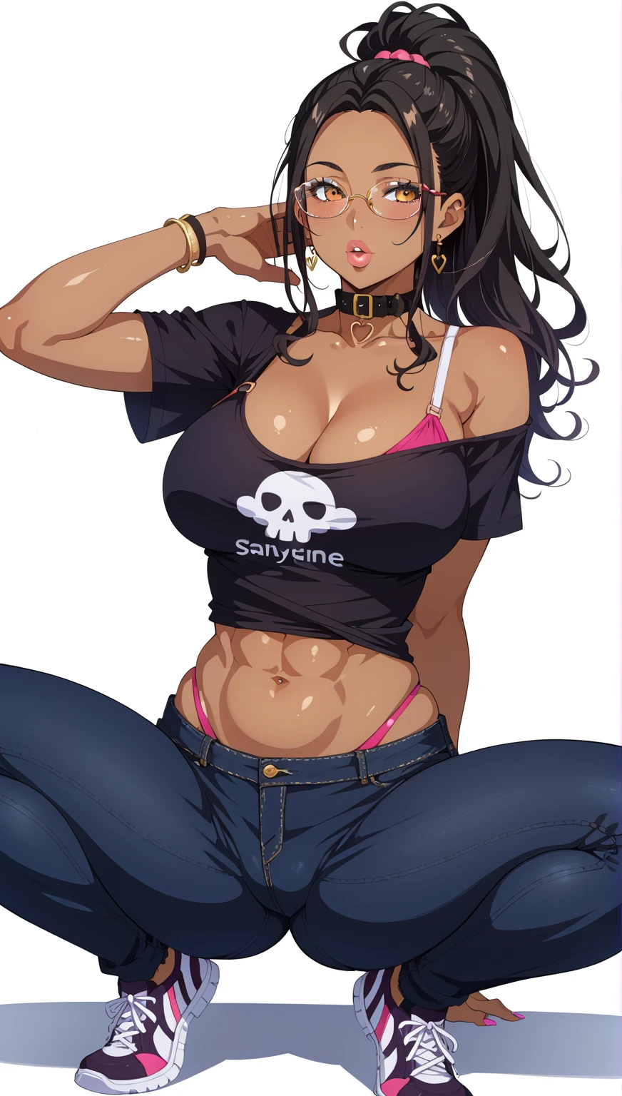 (cutesexyrobutts:0.8), (score_10, score_9_up, score_9, score_8_up, score_7_up, source_anime), (digital painting), (fine line work), (best quality), (extremely detailed), (highest quality), (intricate linework), (intricate details), more detail XL, foto desde abajo, focus cleavage, Akali kda prestige, Yellow Eyes, Black Hair, Arm Tattoo, Tattoo, Big Breasts, cowboy_shot, complex background, hearts, dynamics, nsfw