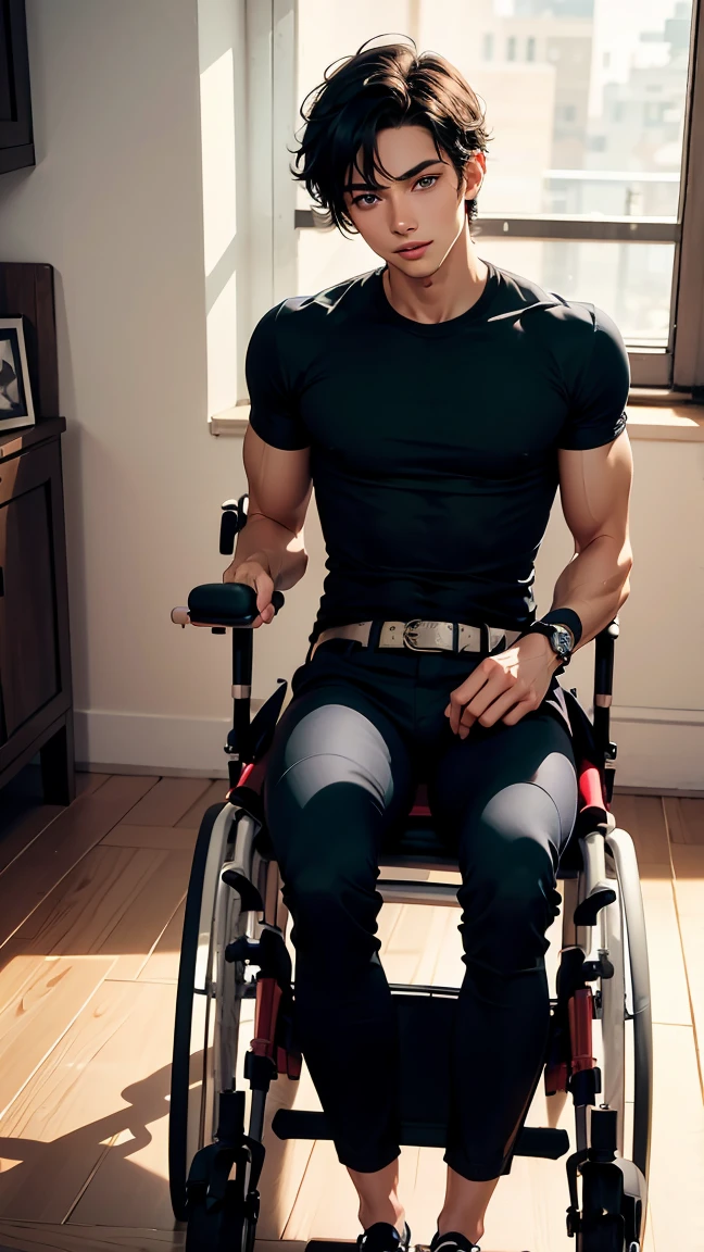 A man in a wheelchair, the chair is futuristic, the man sitting is tall, thin, with marked muscles, eyes between green and yellow 