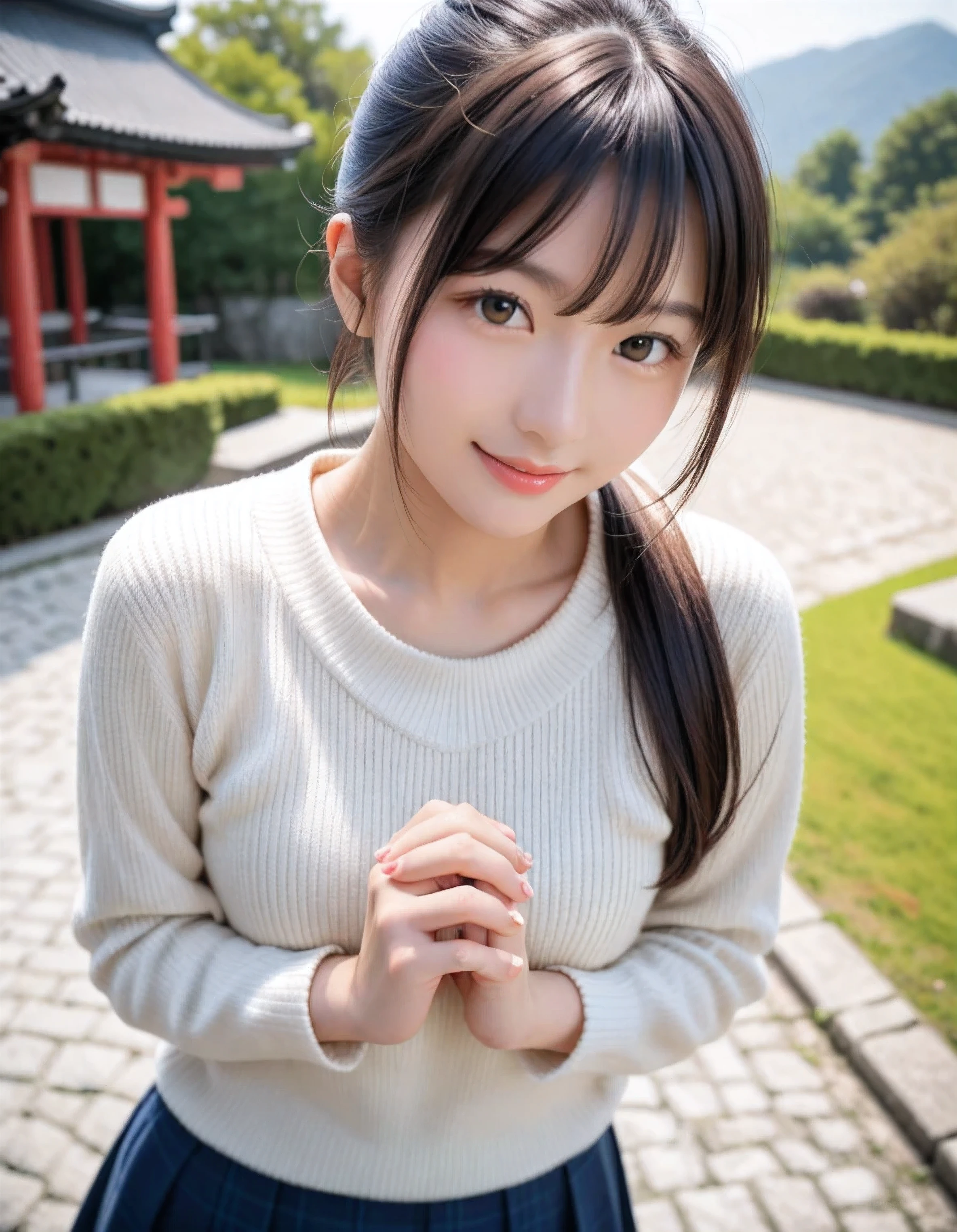 score_9, score_8_up, score_7_up, super detailed, 32K, Masterpiece, top quality, super high definition ,nsfw, official art, photorealistic, solo, 1 classy Japanese girl, ((ponytail)), black hair, smaller face, natural makeup, cute face, small breasts, curvy body, perfect_proportioned body, Detailed high quality, Realistic depiction of face, fair skin, ((hip length cowl neck sweater with untucked)), (plaid mini skirt: 0.5), tucked out tops, standing, hands clasped, shrine with stone path, imminent kiss, looking upward, from above, POV, portrait, gentle smile,