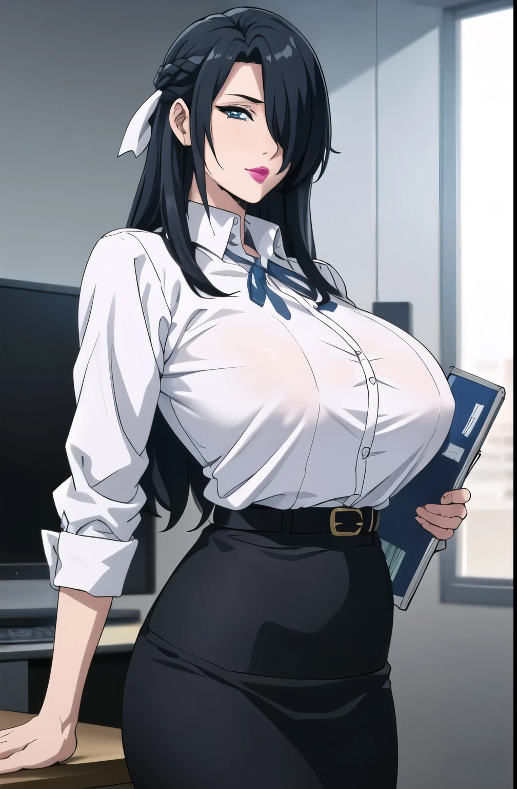from her back, White shirt, black pencil skirt, white underwear, at office room, AzumaFubuki, anime cels style, best quality, high resolution, 1girl, (huge breasts:1.2), beautiful face, long hair, blue eye, hair over one eye, black hair, hair ribbon, cowboy shot, pink lipstick