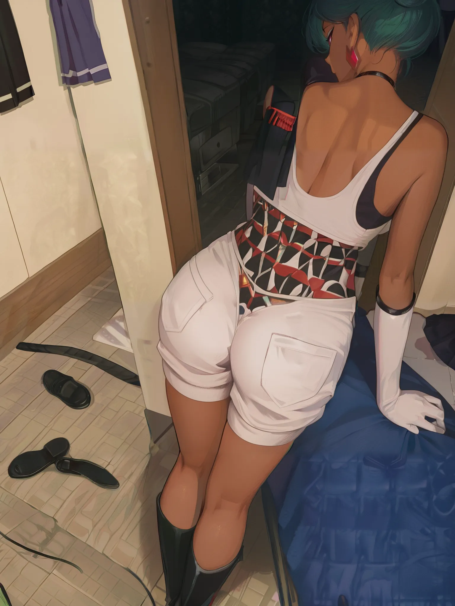 Resident evil 2, Claire, wear close fitting white trousers, lie on the bed, back