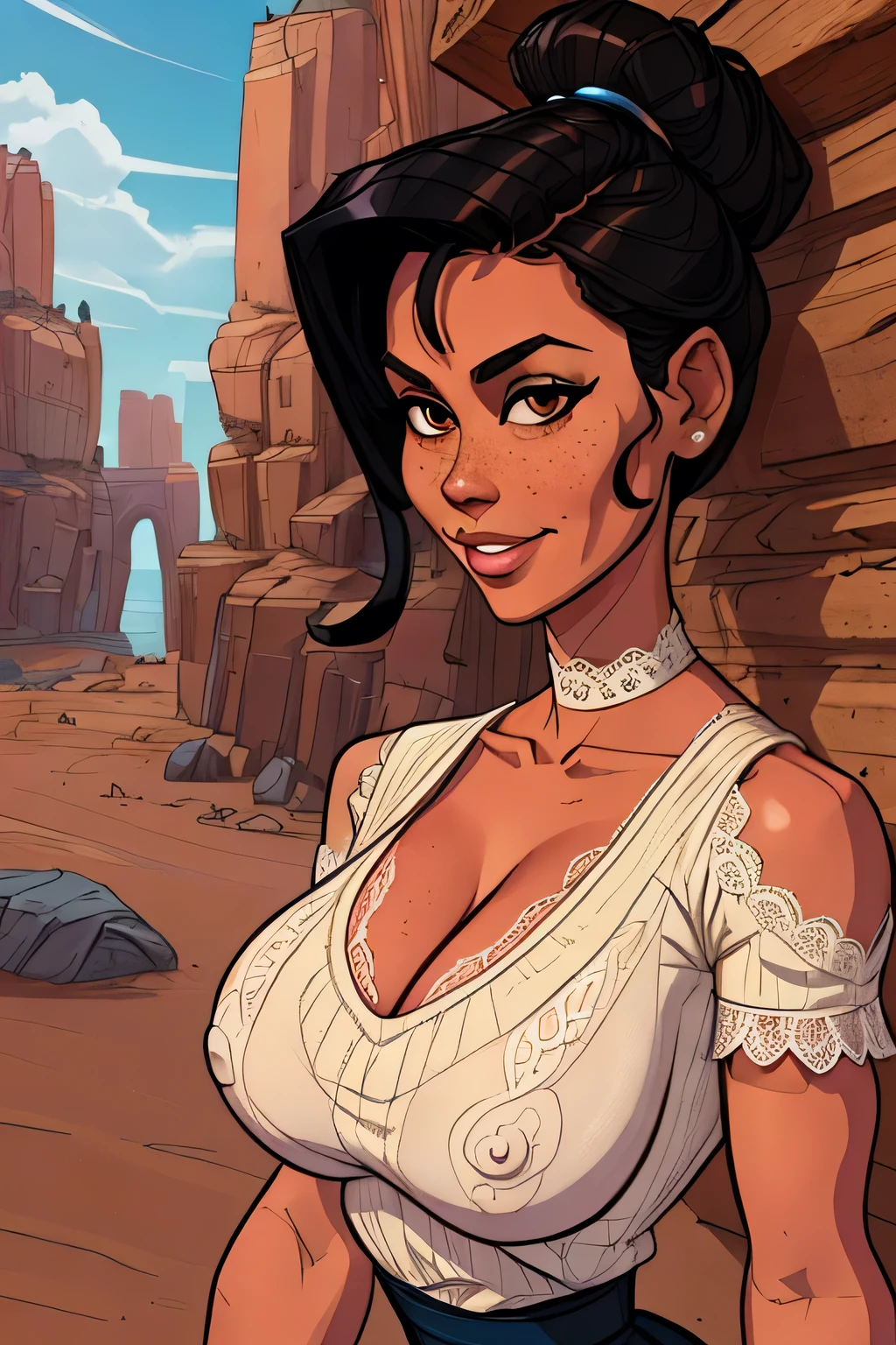 ( Absurdo, hd , Ultra detailed, be careful with your hand ) Close-up view of a slim and athletic woman, 25 anos, 8k (( high definition )), MYSTERIOUS SMILE, look seductive, brown eyes sweater, wearing a long royal black high-waisted dress (( with lace V-neck , renda chantilly, short sleeves )), thin waist, arms at her sides, pele branca, straight black hair (( up to the shoulders )), It is in a cave (( upper body )), with freckles on the neck and breasts , (( medium and round breasts, suaves )), (( Well defined collarbone)). Marvel style (( hq )), cave in the background.