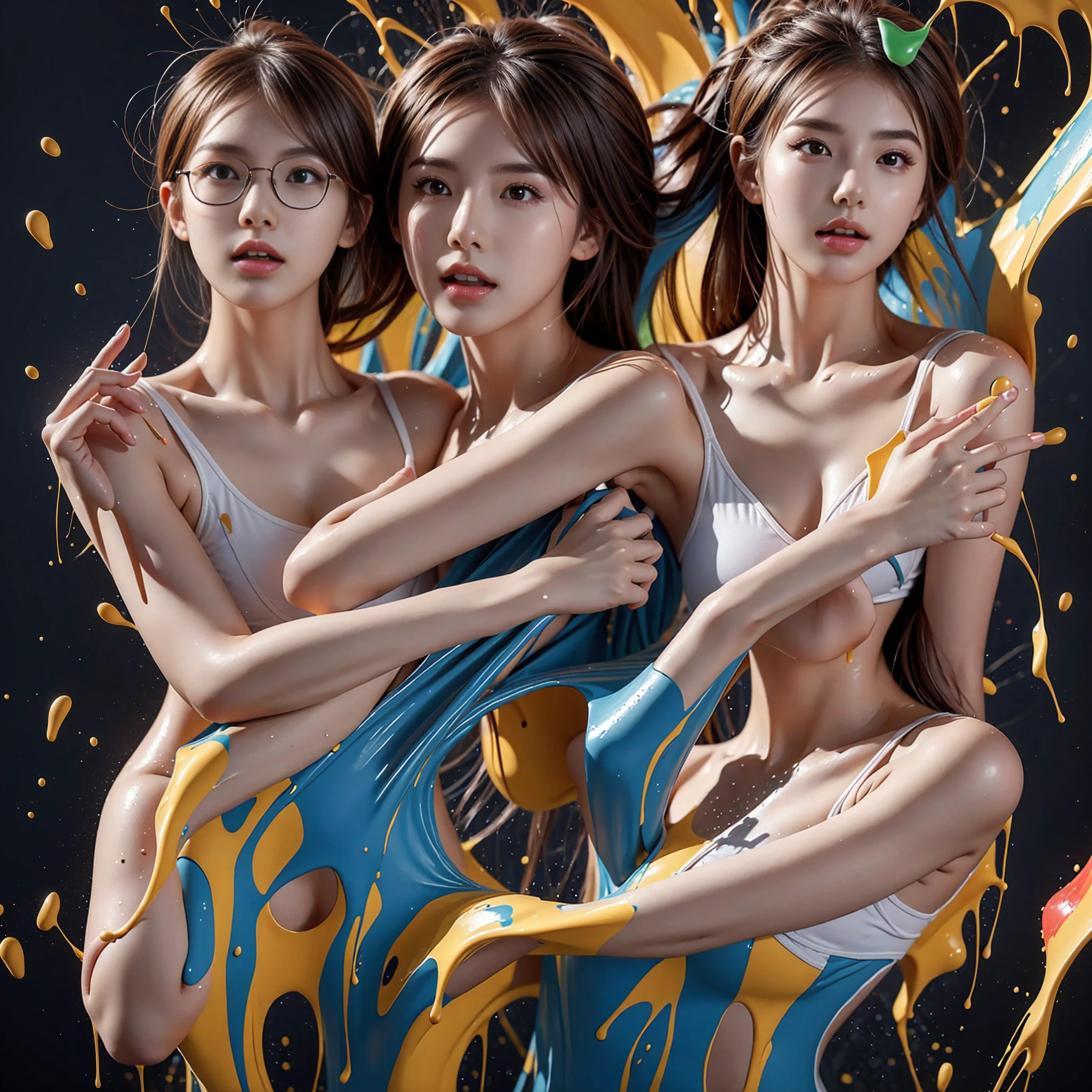 (White and vivid colors),  (9 sexy junior idols in row), ((face variations, Hair variations)), { Navel | Ass }, portrayed in the best quality and high resolution. The image should be ultra-detailed, realistic, and photorealistic with a touch of rawness. The lighting should be emphasized to bring out the details of the face. The medium can be a combination of photography and concept art. The color tone should be vibrant and vivid, enhancing the overall visual impact. (Whole Body proportions and all limbs are anatomically accurate) .