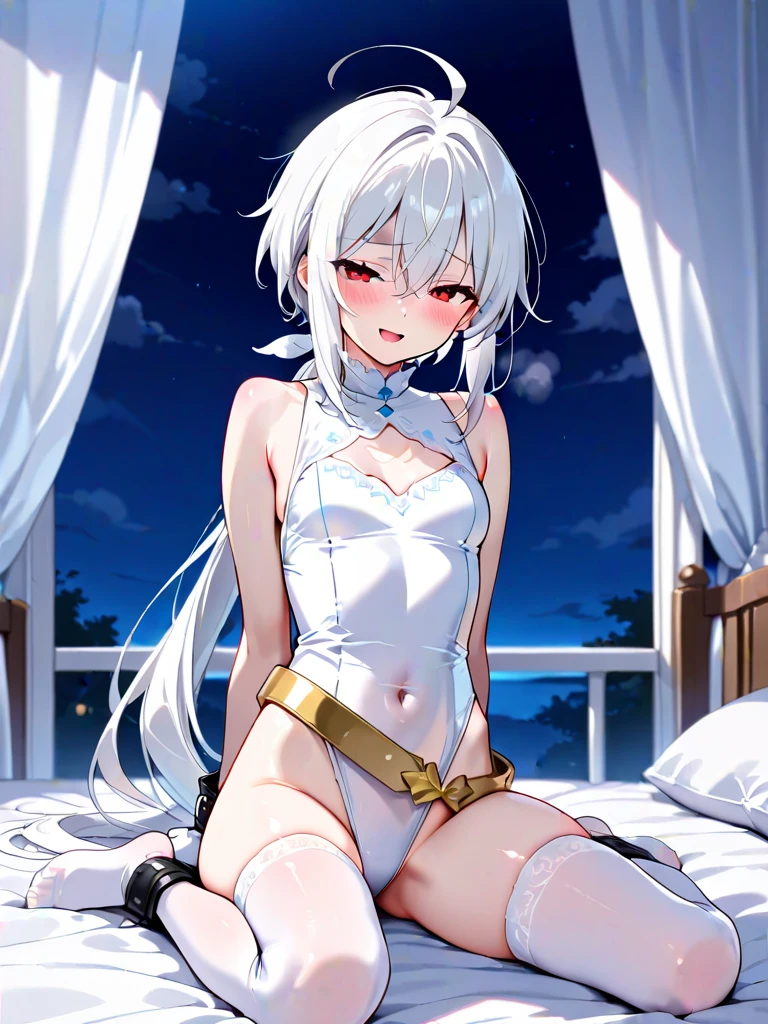 best qualtiy,超高分辨率,1girl,white swimsuits,pinkskirt,Black collar,adolable,(Kpop idol),(aegyo sal:1),(Platinum blonde hair:1),((puffy eye)),It looks like in front of the audience,full bodyesbian,facing the front there,Lie down in bed