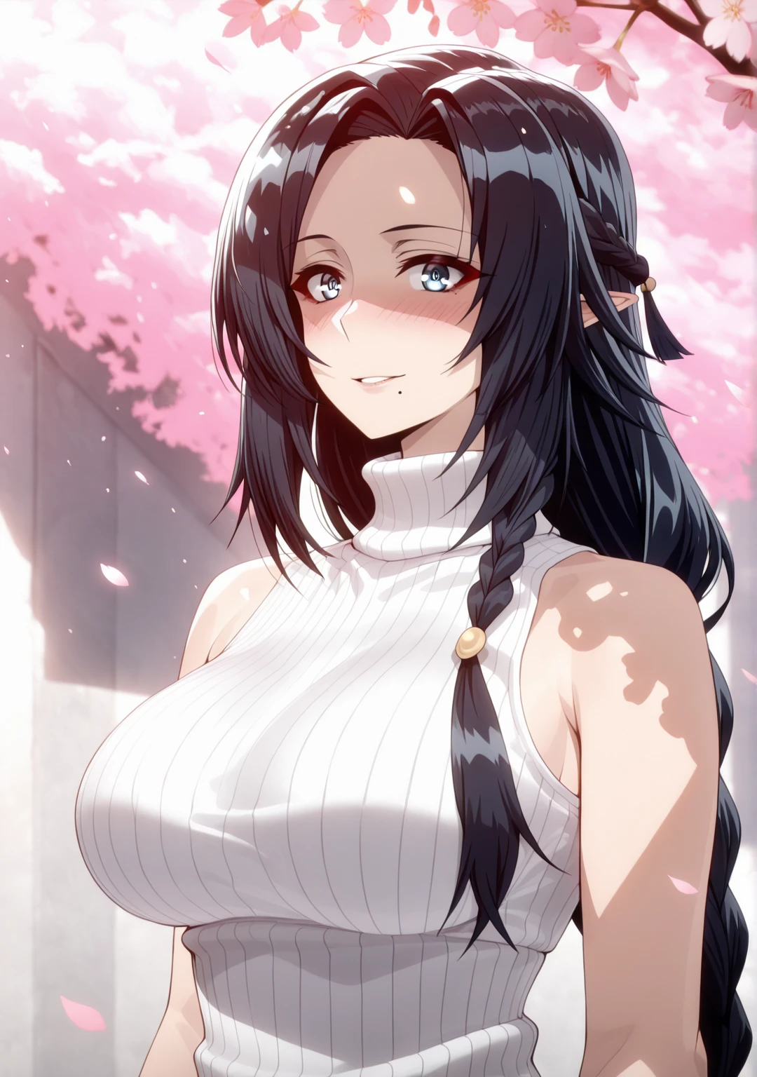 (shunichi-style:1.4), (jam-orbital-style:0.8), ((anatomical correct)), ((embers)), ((Cinematic, unreal engine, eye-catching, ambient occlusion, UHD, masterpiece)), ((perfect lighting, dappled sunlight)), perfect body, perfect eyes, perfect fingers, gasping, heavy gamma \(kage no jitsuryokusha ni naritakute!\), elf, very long hair, black hair, blue eyes, (mole under mouth:0.8), braid, forehead, plump, 1girl, breasts, solo, looking_at_viewer, turtleneck, sweater, sleeveless, smile, ribbed_sweater, bare_shoulders, cherry_blossoms, sleeveless_turtleneck, blush, turtleneck_sweater, upper_body, hair_intakes, closed_mouth, alternate_costume, white_sweater, flower, sleeveless_sweater, parted lips falling petals, shaded face