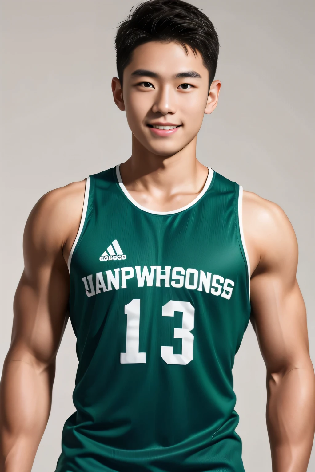 18-year-old male、Japanese、handsome、macho、athlete、Short Hair、facing the front、green tank top、smile