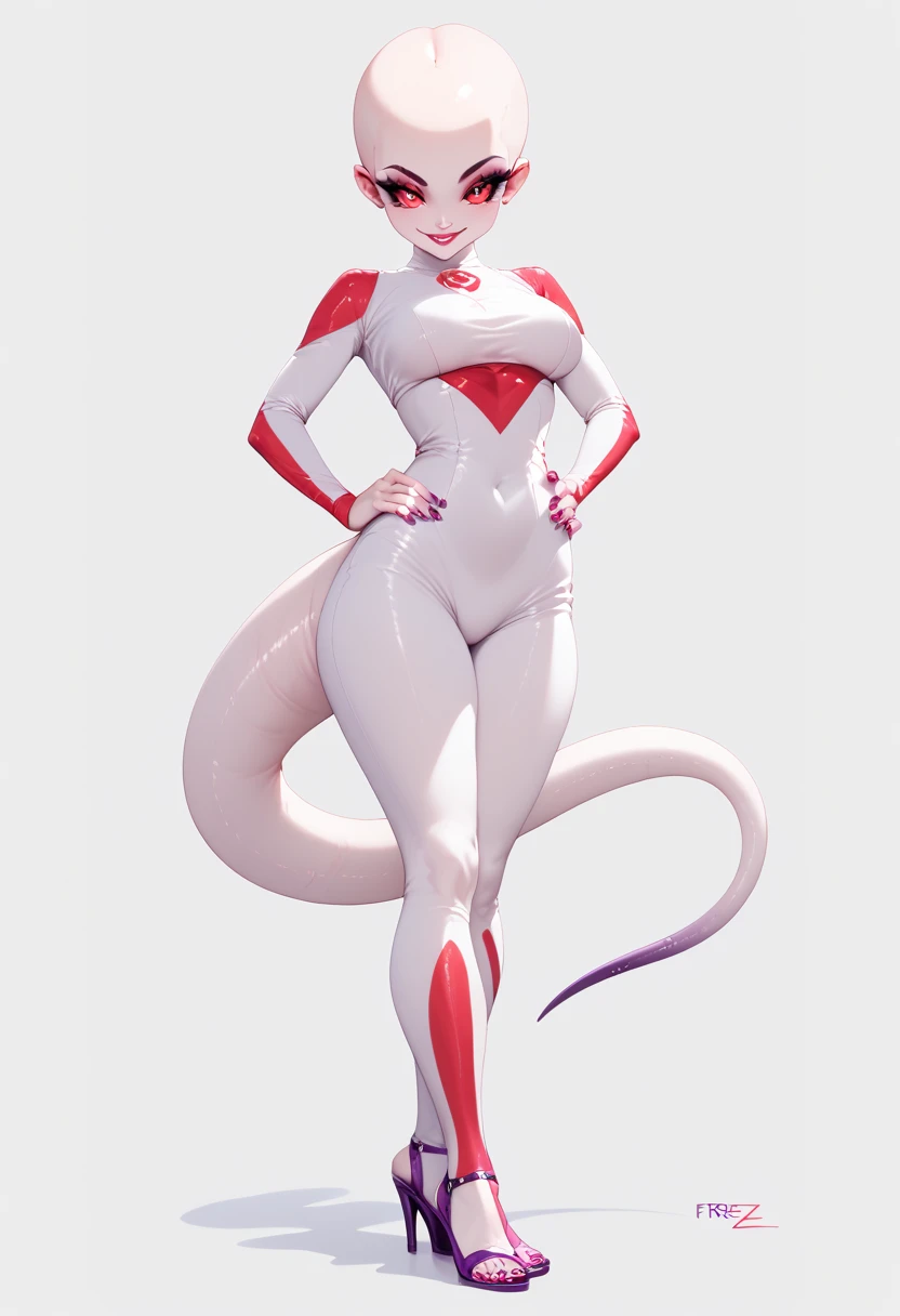 score_9, score_8_up, score_7_up, score_6_up, score_5_up, score_4_up, (solo), female anthro hyena, ((spider-themed superhero)), ((bodysuit)), ((superhero costume)) , lusty, fluffy body, long blond hair, turquoise eyes, (thick thighs:1.3) she is standing , violet background, simple background, high heels