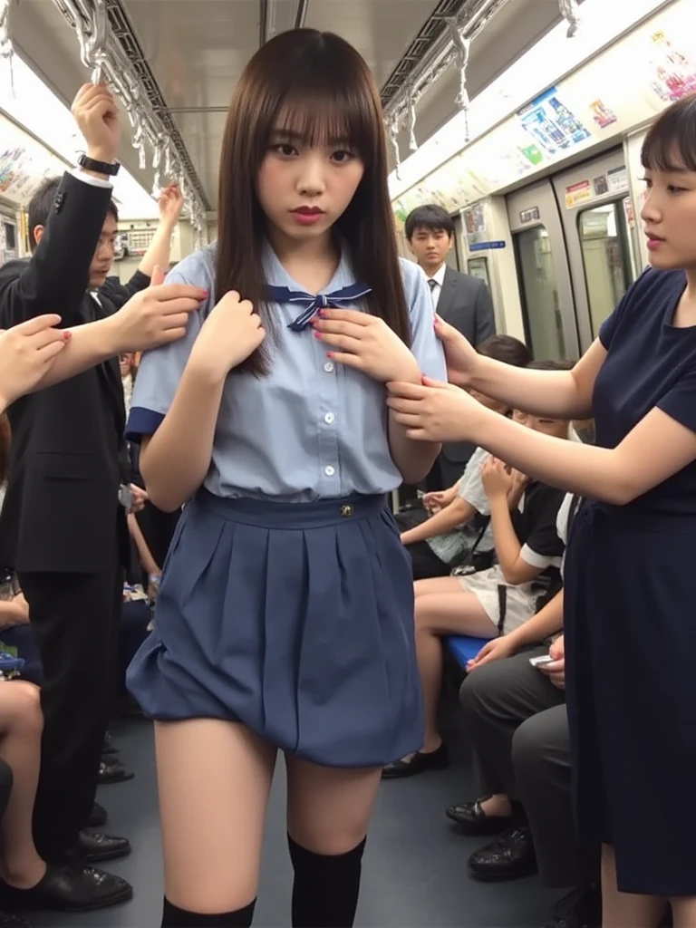 Japanese women,high quality, 32K Full HD,Live-action adaptation,Muscularなリアルな顔,Realistic texture,16 years old,alone,Muscular,high school girl.mini skirt,uniform,shirt,check,tie,Audience,Front view,in the train,Squat down and spread your legs,Raise your arms behind your head,stick out your tongue a lot,Excited